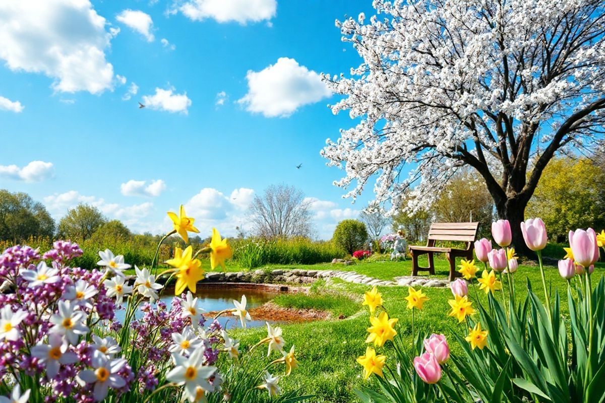 A photorealistic image capturing a serene outdoor scene in early spring, featuring a lush garden brimming with vibrant flowers in full bloom. In the foreground, delicate purple and white blossoms sway gently in the breeze, while bright yellow daffodils and soft pink tulips add splashes of color. A crystal-clear blue sky stretches overhead, dotted with fluffy white clouds. In the background, a small wooden bench sits beneath a blossoming cherry tree, its petals gently falling like confetti. Nearby, a calm pond reflects the beauty of the garden, surrounded by lush greenery and small stones. The tranquil atmosphere is enhanced by the soft sound of birds chirping, inviting viewers to appreciate nature’s beauty and the sense of peace it brings, symbolizing healing and wellness. This idyllic setting embodies the theme of balance in health and the natural world, making it a fitting visual representation for discussions about allergies and their management.