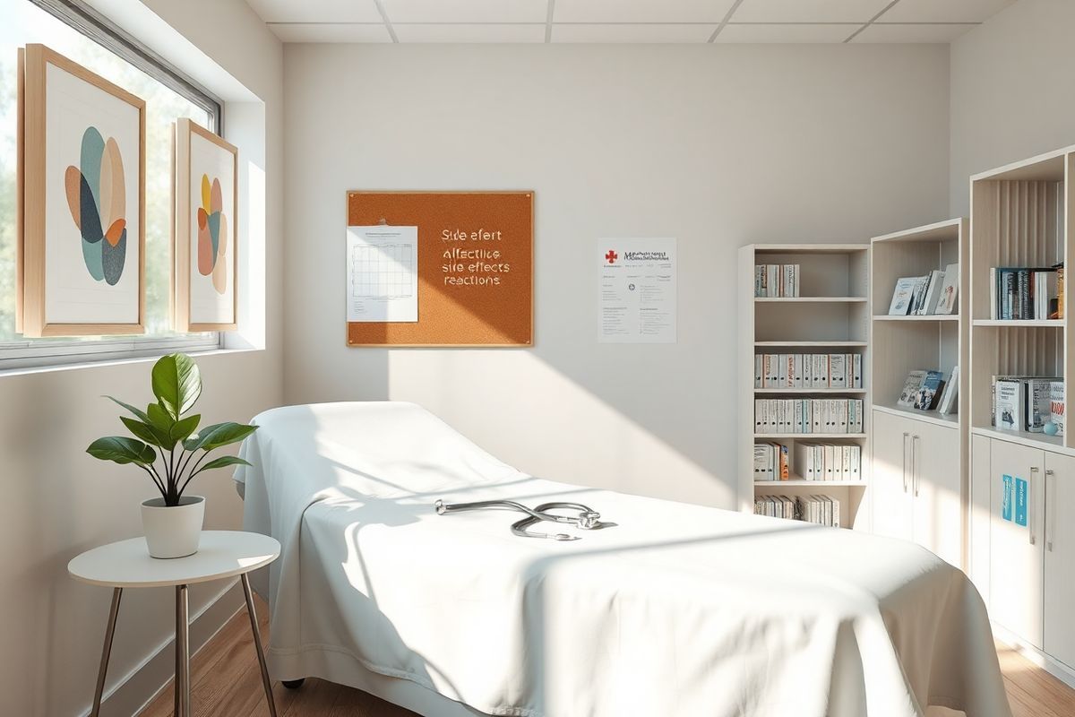 A photorealistic image depicting a serene and calming medical office environment. The scene features a well-lit consultation room with soft, neutral-toned walls and a large window allowing natural light to stream in. A comfortable examination table covered in a crisp white sheet is positioned in the center of the room, flanked by a small side table with a potted plant, adding a touch of greenery. On the walls, framed artwork of abstract shapes in soothing colors contributes to the tranquil atmosphere. A medical chart is pinned on a corkboard, and a stethoscope rests on the table, hinting at the medical purpose of the room. In the background, a bookshelf filled with medical texts and health-related pamphlets adds a layer of professionalism. The overall ambiance is inviting and reassuring, designed to make patients feel at ease as they discuss their health concerns, including side effects and allergic reactions, with their healthcare provider. The image conveys a sense of safety and support, emphasizing the importance of open communication in a healthcare setting.