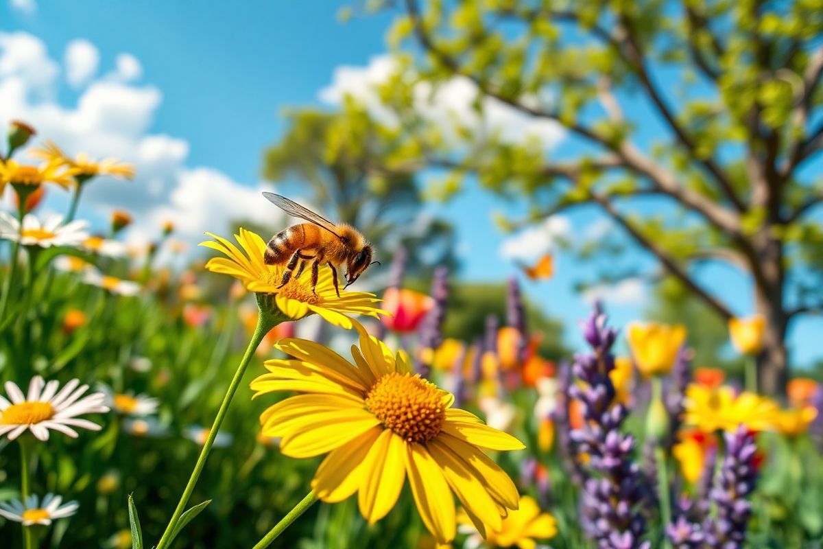 A photorealistic image depicting a serene and vibrant outdoor scene in spring, showcasing a lush garden filled with colorful flowers such as daisies, tulips, and lavender, gently swaying in the breeze. In the foreground, a close-up of a honeybee delicately landing on a bright yellow flower, emphasizing the theme of nature and the interconnectedness of life. In the background, a clear blue sky dotted with fluffy white clouds creates a peaceful atmosphere. The sunlight filters through the leaves of a nearby tree, casting soft shadows on the ground. A small butterfly flutters nearby, adding to the scene’s tranquility. The image captures the beauty of nature and the importance of being aware of allergens, inviting viewers to appreciate the delicate balance between the environment and human health. The overall color palette is warm and inviting, with vibrant greens, yellows, and purples, evoking a sense of calm and serenity that complements the topic of allergic reactions and their management.