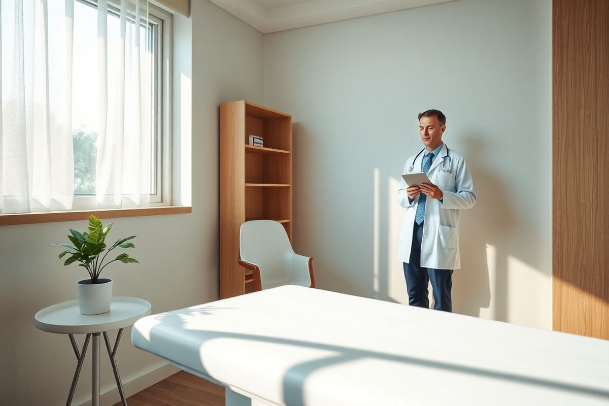 A photorealistic image depicting a serene and calming medical setting. The scene features a softly lit consultation room with light-colored walls and wooden accents, creating a warm atmosphere. In the foreground, a sleek, modern examination table is adorned with a crisp, white paper covering. A small, potted plant sits on a nearby side table, adding a touch of greenery and life to the space.   On the wall, a large window allows natural light to flood the room, illuminating a gentle breeze rustling the sheer curtains. Sunlight casts soft shadows, enhancing the tranquil ambiance.   In the background, a medical professional in a white coat is seen consulting with a patient, who appears relaxed and engaged in the conversation. The patient is holding a tablet, perhaps referencing information about Truqap, while the doctor gestures supportively.   The image conveys a sense of safety, knowledge, and compassion, emphasizing the importance of communication and awareness in managing potential side effects of medication. A subtle color palette of soft blues and greens enhances the feeling of calm, making it an ideal visual representation for discussions about health and allergic reactions.