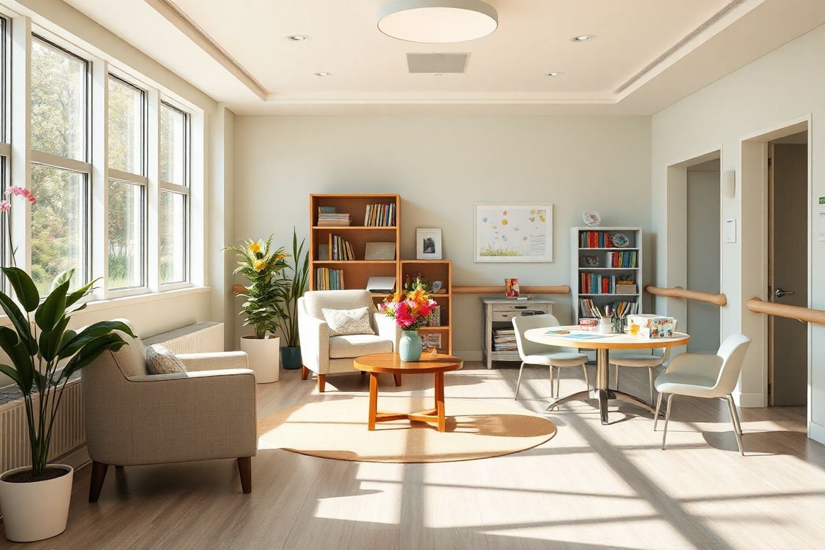 A serene, sunlit room designed for individuals with Alzheimer’s care, featuring soft, pastel-colored walls and large windows that allow natural light to flood in. In the center, a cozy seating area with plush armchairs and a small coffee table adorned with a vibrant flower vase. To one side, a colorful mural depicting calming nature scenes, such as flowers and trees, creates a soothing atmosphere. On the floor, a soft area rug adds warmth and comfort. A bookshelf filled with engaging books and family photos sits against the wall, encouraging a sense of familiarity and belonging. Nearby, a circular table is set up for therapeutic activities, complete with art supplies and games, inviting residents to engage and interact. The room is designed with safety in mind, featuring rounded furniture edges and secure handrails along the walls. Gentle, ambient lighting enhances the peaceful ambiance, making the space inviting and comforting for both residents and visitors. The overall scene evokes a sense of tranquility, support, and community, reflecting the importance of a nurturing environment for those in need of inpatient care.