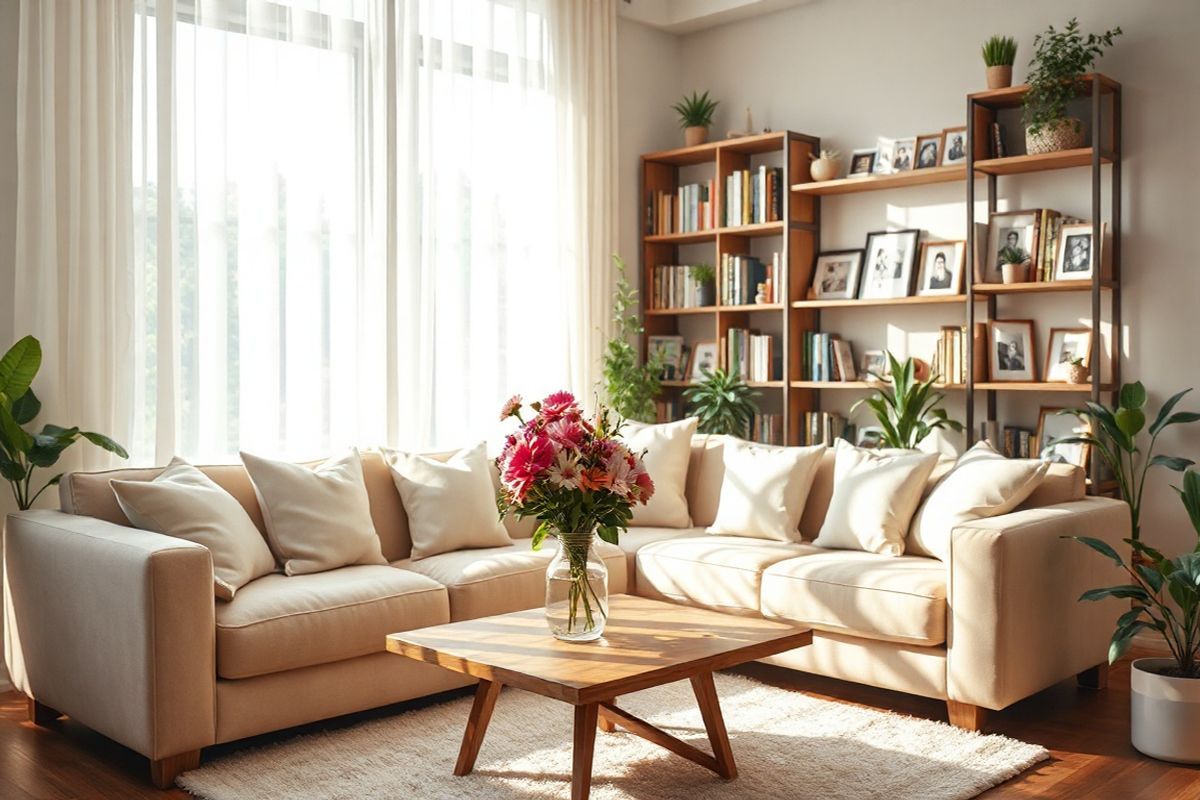 A serene and cozy living room scene bathed in warm, natural light filters through a large window adorned with sheer white curtains. The room features a plush, beige sofa with soft throw pillows in gentle pastel colors, inviting comfort. On a wooden coffee table, a delicate vase holds a fresh bouquet of vibrant flowers, adding a touch of life and color to the space. In the background, a bookshelf filled with an assortment of books and framed family photographs creates a sense of warmth and personal history. A soft area rug lies beneath the coffee table, enhancing the room’s inviting atmosphere. A subtle hint of greenery is present with potted plants placed strategically by the window and in the corners, symbolizing growth and care. The overall ambiance conveys a peaceful and nurturing environment, perfect for fostering connections and support, resonating with the theme of Alzheimer’s care and the importance of timely support for both individuals and their caregivers.