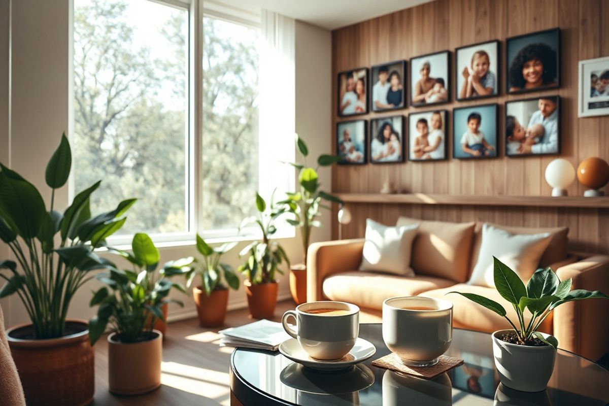 A serene, photorealistic scene depicting a cozy, softly lit fertility clinic waiting room. The room features comfortable, plush seating with earthy tones, complemented by warm wooden accents. A large window allows natural light to stream in, illuminating the space and creating a calming atmosphere. Potted plants, including ferns and peace lilies, are strategically placed around the room, adding a touch of nature. On a nearby table, a selection of informative brochures about infertility and treatment options is neatly arranged, alongside a steaming cup of herbal tea. In the background, a wall adorned with framed photographs of happy families and children showcases the success stories of fertility treatments. The overall ambiance is tranquil and inviting, designed to provide comfort and hope for those navigating the challenges of infertility. Soft instrumental music can be imagined playing in the background, enhancing the soothing environment.