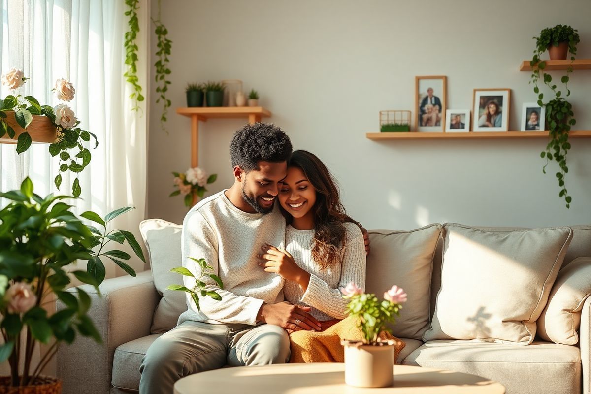 A serene and intimate scene depicting a couple sitting together in a softly lit, cozy living room, surrounded by symbols of hope and fertility. The couple, a diverse pair in a warm embrace, gazes thoughtfully at a small potted plant on a nearby table, representing growth and new beginnings. The room is adorned with lush greenery, including blooming flowers and leaves cascading from shelves, creating a sense of vitality. A gentle sunlight filters through sheer curtains, casting a warm glow on the couple’s faces, highlighting their expressions of love and determination. In the background, a comfortable sofa with plush cushions invites relaxation, while a subtle display of family photos on the walls evokes a sense of connection and shared dreams. The overall atmosphere is one of warmth, hope, and emotional support, reflecting the journey of couples navigating the complexities of infertility. The color palette consists of soft pastels and earthy tones, enhancing the feeling of tranquility and intimacy in the scene.