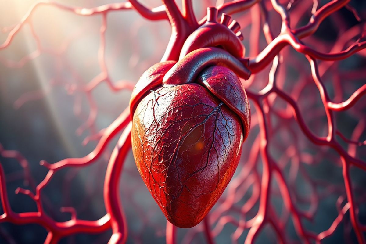 A photorealistic image depicting a close-up view of a healthy human heart surrounded by vibrant, flowing blood vessels, showcasing the intricate network of arteries and veins. The heart is shown in rich, vivid colors, with the red hues of oxygenated blood contrasting against the deep blue of deoxygenated blood in the veins. The background features a soft-focus illustration of capillaries, emphasizing the delicate exchange of oxygen and nutrients at the cellular level. Sunlight gently illuminates the heart, casting subtle shadows that highlight its anatomical details. Surrounding the heart, a lush depiction of healthy tissues and cells is visible, symbolizing vitality and optimal function. The overall composition conveys a sense of dynamic movement, representing the vital flow of blood and the life-sustaining processes within the circulatory system. The image captures both the beauty and complexity of the human cardiovascular system, inviting viewers to appreciate the essential role of blood flow in maintaining overall health.