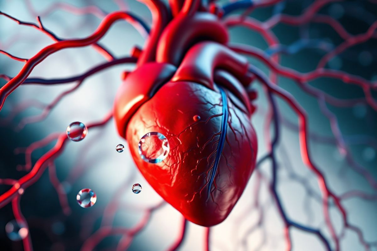 A striking photorealistic image features a close-up view of a healthy human heart, intricately detailed with vibrant red and deep blue hues that represent oxygenated and deoxygenated blood flow. Surrounding the heart are a network of arteries and veins, depicted in varying shades of crimson and azure, showcasing their intricate branching and connectivity. The background is softly blurred to emphasize the heart and vascular system, with subtle lighting that highlights the textures and contours of the heart’s surface. In the foreground, delicate glass-like representations of blood cells can be seen flowing through the arteries, symbolizing the vital transportation of oxygen and nutrients. The overall composition is infused with a sense of life and vitality, capturing the essential role of the circulatory system while conveying the silent yet critical nature of vascular health. The image evokes a deeper understanding of the complexities of blood flow and the importance of maintaining vascular wellness, making it a visually compelling companion to the discussion of vascular diseases and their impact on overall health.