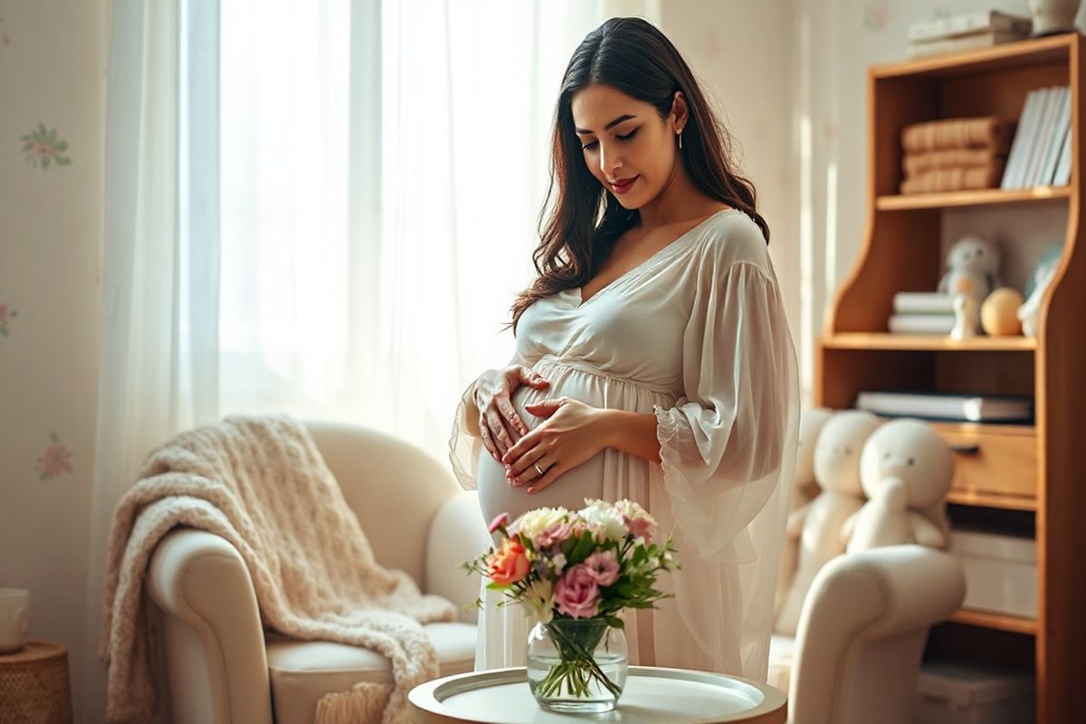 A serene and intimate setting depicting a pregnant woman gently cradling her belly, surrounded by soft, natural light filtering through a sheer curtain. The background features a cozy, warmly decorated nursery with pastel-colored walls, adorned with delicate floral patterns. A plush, inviting armchair sits nearby, draped with a knitted blanket, suggesting comfort and care. On a wooden shelf, neatly arranged baby books and plush toys add a touch of warmth and anticipation to the scene. The woman’s expression is one of serenity and contemplation, reflecting the emotional journey of pregnancy, while her attire is a flowing, light-colored gown that enhances the softness of the moment. In the foreground, a small table holds a vase of fresh flowers, symbolizing new life and hope, while the gentle play of shadows and light creates a calming atmosphere, echoing the theme of health and nurturing during pregnancy. This visually rich image encapsulates the essence of motherhood and the importance of awareness regarding health, particularly in the context of thrombophilia.