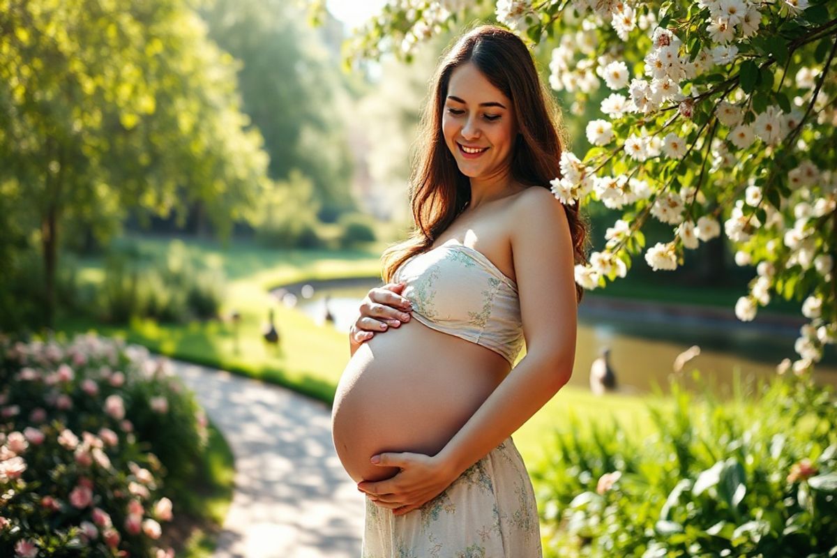 A serene and photorealistic image of a pregnant woman standing outdoors in a sunlit park, surrounded by lush greenery and blooming flowers. She has a gentle smile, her hand resting on her rounded belly, embodying a sense of tranquility and hope. The sunlight filters through the leaves, casting soft patterns of light and shadow on her skin. In the background, a winding pathway leads to a peaceful pond, where a few ducks glide across the water. The atmosphere is calm and nurturing, reflecting the beauty of motherhood and the importance of health during pregnancy. The colors are warm and inviting, with soft pastels in the flowers and rich greens in the foliage, creating an overall sense of wellness and serenity. The image captures the essence of protective love and the natural connection between a mother and her unborn child, emphasizing the significance of understanding health conditions like thrombophilia during this critical time in life.