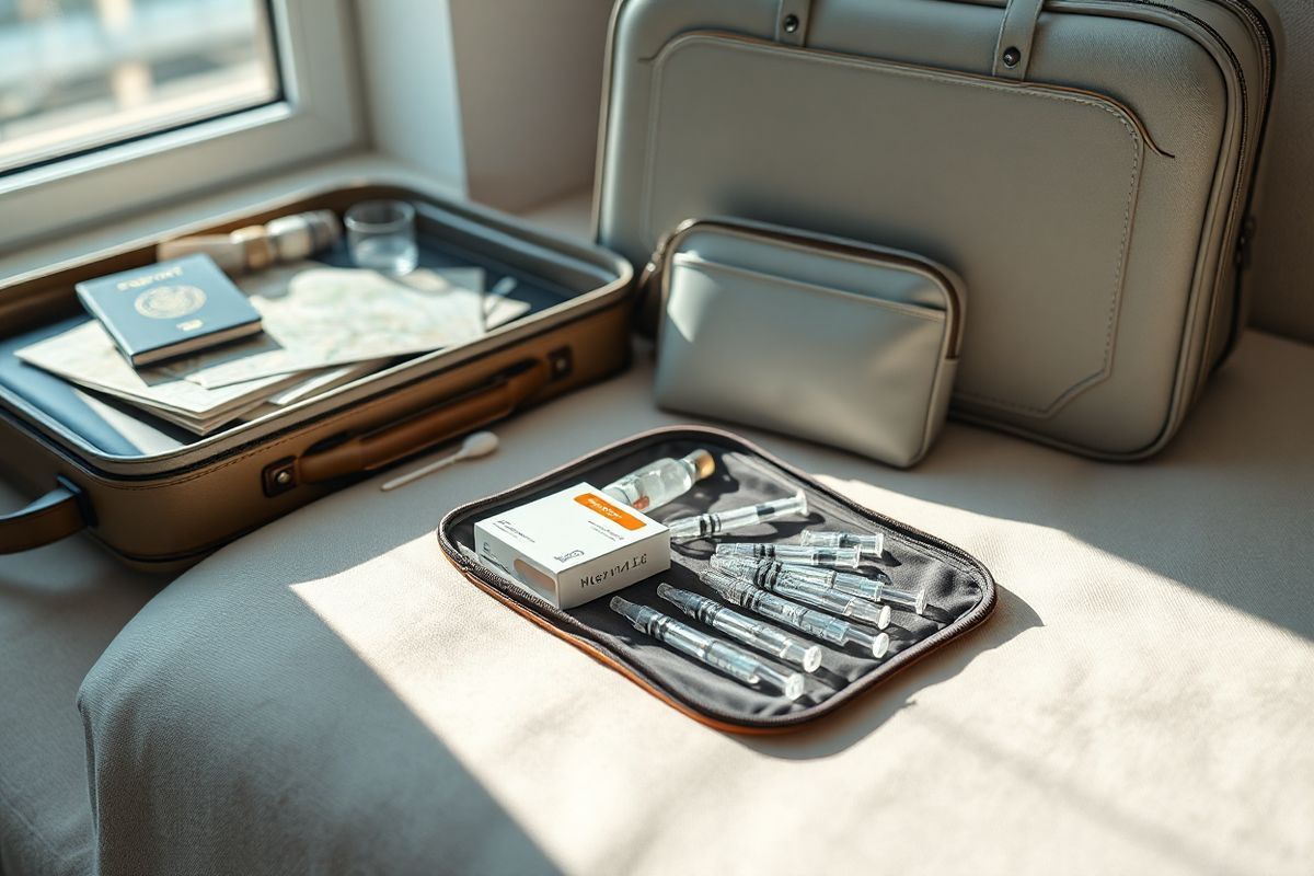 A photorealistic image depicting a serene travel scene featuring a neatly organized travel pouch opened on a soft, textured surface, revealing essential diabetes supplies. The pouch contains a sleek, original Ozempic box with a few injectors, transparent syringes, and alcohol swabs, all arranged with care. In the background, a stylish suitcase lies slightly ajar, showcasing travel essentials like a passport, a map, and a bottle of water, suggesting a well-planned journey. Sunlight filters through a nearby window, casting gentle shadows that highlight the items, creating a warm and inviting atmosphere. The color palette is soft and calming, with pastel shades of blue and beige dominating the scene, evoking a sense of readiness and tranquility for a trip. A small travel-friendly insulated bag is subtly placed beside the pouch, hinting at the importance of medication storage. Overall, the composition communicates preparation, organization, and a focus on health during travel, making it an ideal visual representation of the tips for traveling with medication.