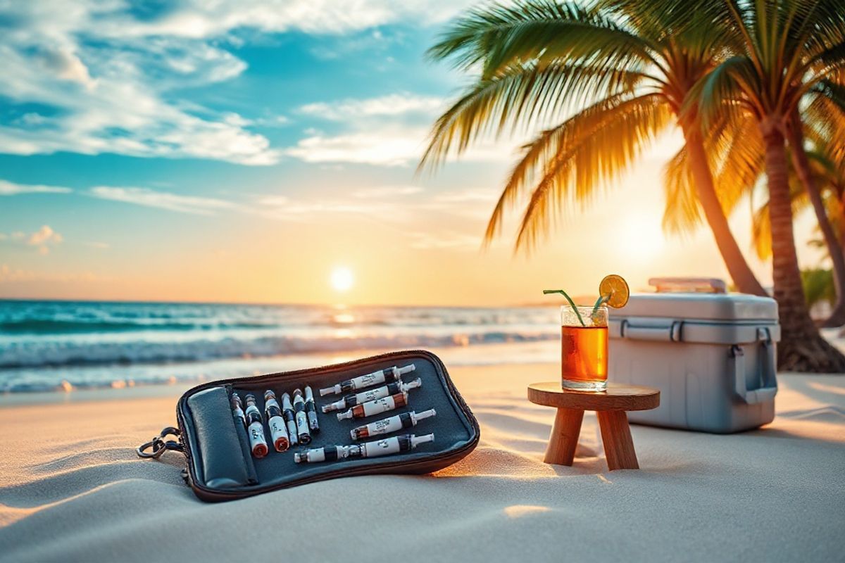 A photorealistic decorative image featuring a serene travel scene that embodies the essence of health and wellness for travelers with diabetes. In the foreground, a sleek, modern travel pouch is elegantly displayed, containing vials of Ozempic alongside neatly organized syringes and needles. The pouch is partially open, revealing its contents against a backdrop of a soft, sandy beach with gentle waves lapping at the shore.   In the background, a vibrant blue sky transitions into a warm sunset, casting a golden hue over the scene, symbolizing optimism and adventure. A small wooden table nearby holds a refreshing drink with a slice of citrus fruit, representing hydration and well-being during travel.   On the side, a travel-sized cooler is subtly featured, emphasizing the importance of proper medication storage. Lush palm trees frame the image, providing an inviting tropical ambiance. This image conveys a sense of preparation, tranquility, and the joy of traveling while managing health, making it an ideal visual representation for those planning to travel with Ozempic.