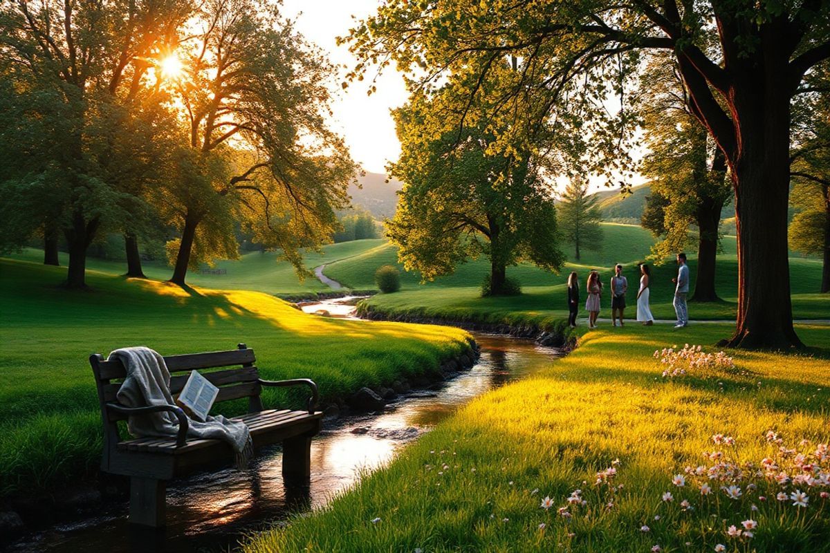 The image depicts a serene and tranquil scene in a lush green park, bathed in the warm glow of the golden hour just before sunset. In the foreground, a gentle stream meanders through the landscape, reflecting the vibrant hues of orange and pink in the sky. Soft, dappled light filters through the leaves of towering trees, casting playful shadows on the grass. A wooden bench sits invitingly near the water, adorned with a cozy blanket and a book, suggesting a peaceful retreat for reflection and solace. In the background, a small group of people can be seen engaging in light-hearted conversation, their expressions relaxed and joyful, symbolizing connection and support. Delicate wildflowers bloom along the stream’s edge, adding bursts of color to the scene, while a distant hill rises gently, completing the idyllic setting. This harmonious blend of nature and human warmth creates an atmosphere of comfort and resilience, perfectly embodying the emotional journey of living with a chronic condition like ulcerative colitis.