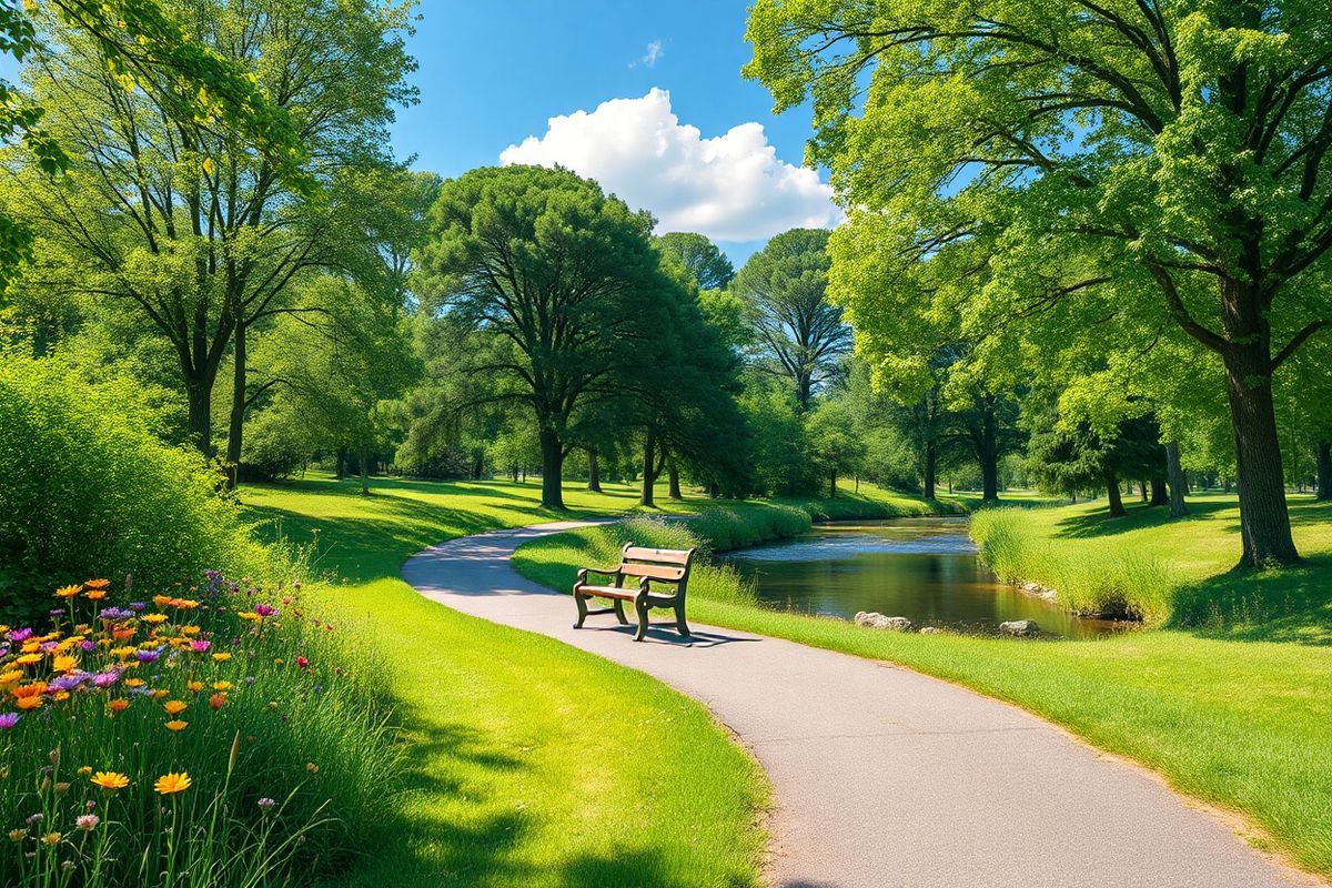 A serene, photorealistic image of a tranquil outdoor scene, featuring a lush green park with a peaceful pathway winding through it. On one side of the path, vibrant wildflowers in shades of yellow, purple, and pink bloom, while on the other side, tall trees with dense foliage provide dappled sunlight filtering through their leaves. In the background, a gentle stream flows, reflecting the clear blue sky above, with a few fluffy white clouds drifting lazily. A small wooden bench sits invitingly along the path, surrounded by the beauty of nature, suggesting a perfect spot for reflection and respite. The scene conveys a sense of calm and healing, symbolizing hope and resilience in the face of challenges, making it an ideal visual representation of the journey individuals with ulcerative colitis might experience in managing their condition and mental well-being. The overall atmosphere is one of peace, inviting viewers to take a moment to breathe and find solace in nature.