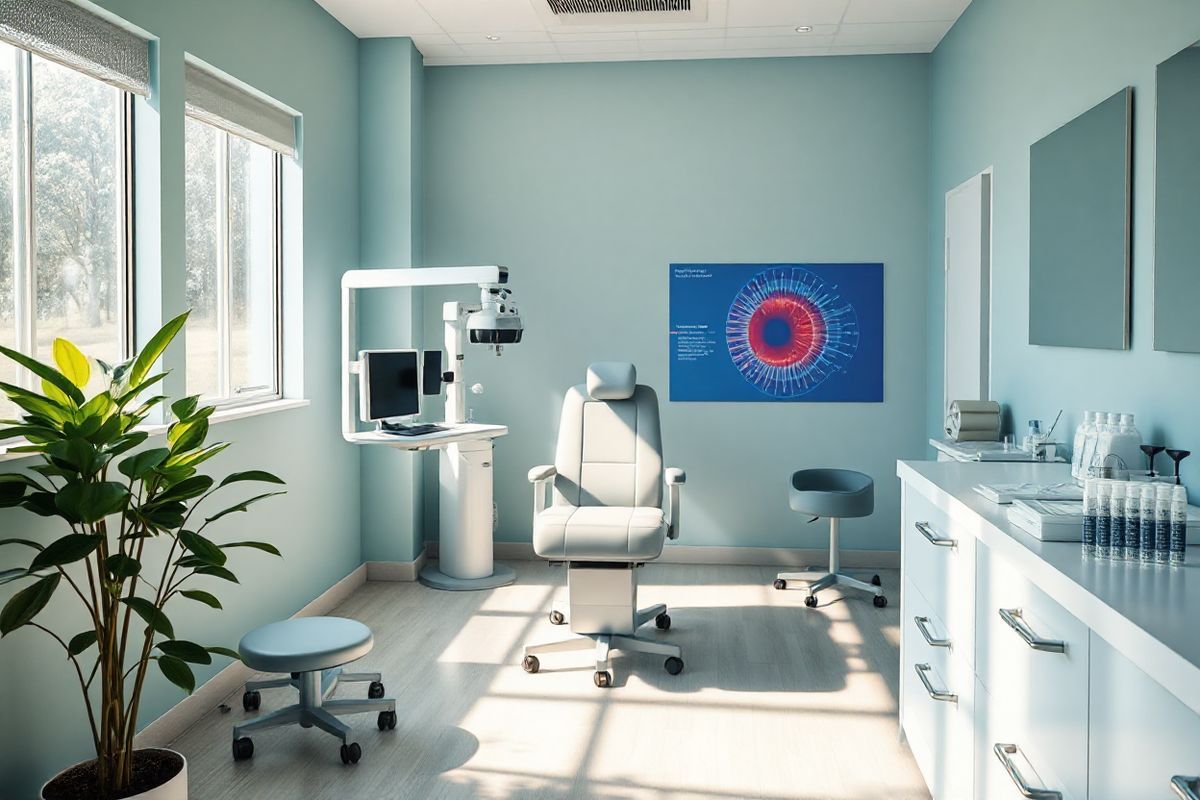 A serene, photorealistic image of a tranquil ophthalmology clinic room, softly illuminated by natural light streaming through large windows. The room features a sleek, modern examination chair in the center, surrounded by high-tech ophthalmic equipment like a retinal imaging machine and a slit lamp. On the walls, calming colors of soft blues and greens create a soothing atmosphere. A potted plant with lush green leaves sits in the corner, adding a touch of nature. To the side, a well-organized countertop displays sterile injection supplies and medical instruments, hinting at the advanced treatments available for conditions like age-related macular degeneration. In the background, a subtle view of a vibrant macular degeneration diagram is partially visible, showcasing the delicate retinal structures. The overall ambiance is one of professionalism and comfort, inviting patients to feel at ease while receiving cutting-edge eye care.