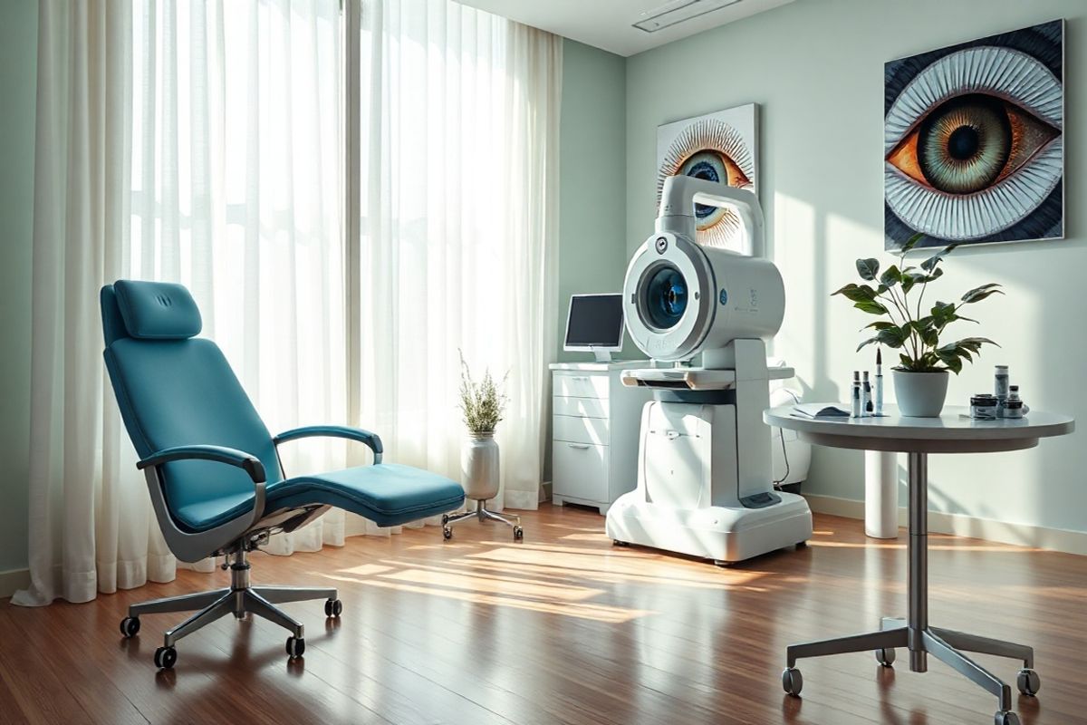 A photorealistic image depicting a serene and softly illuminated ophthalmology clinic setting. The foreground features a modern examination chair, upholstered in a calming blue fabric, positioned beside a state-of-the-art retinal imaging machine, with intricate details highlighting its sleek design. Natural light streams through large, floor-to-ceiling windows adorned with light sheer curtains, casting gentle shadows on the polished wooden floor. On a nearby table, an assortment of eye care tools, including lenses and syringes, are neatly arranged, reflecting the clinic’s professionalism. In the background, a soothing color palette of soft greens and whites creates a tranquil atmosphere, while a potted plant with lush leaves adds a touch of nature. The walls are adorned with abstract art pieces inspired by the eye and vision, enhancing the aesthetic appeal without being distracting. This image captures the essence of hope and advanced care for patients experiencing vision challenges, providing a perfect complement to discussions about innovative treatments like Vabysmo for age-related macular degeneration.