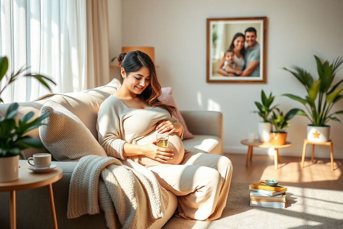 A serene and intimate scene of a pregnant woman sitting comfortably in a softly lit, cozy living room. She is gently cradling her belly with one hand while holding a glass of water in the other, exuding a sense of calm and well-being. The room is adorned with warm, neutral tones, featuring a plush sofa adorned with soft, textured cushions and a knit throw blanket draped over the arm. A small side table nearby holds a calming herbal tea, and a few health-related books are stacked neatly. Natural light filters through sheer curtains, casting delicate patterns on the wooden floor, while potted plants add a touch of greenery, symbolizing life and growth. In the background, a framed picture of a happy family hangs on the wall, enhancing the feeling of love and support. The overall atmosphere is inviting and peaceful, capturing the essence of nurturing and the importance of health during pregnancy.