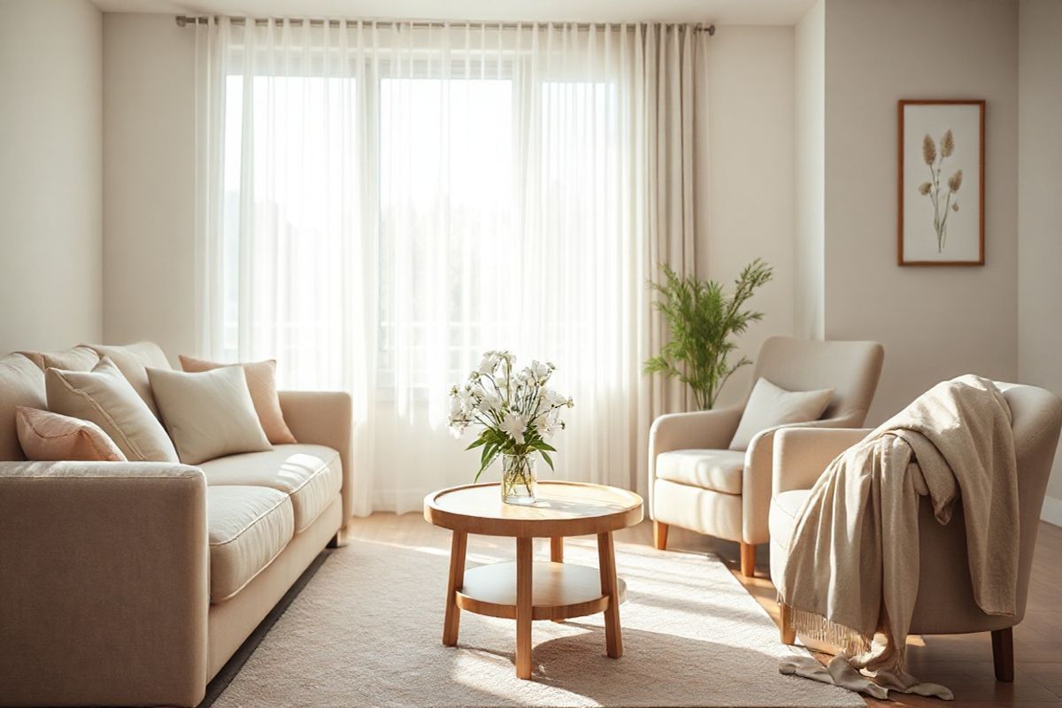 A serene and inviting scene unfolds within a softly lit, cozy living room that reflects a sense of calm and tranquility. The room features a plush, neutral-toned sofa adorned with pastel cushions, creating a warm atmosphere. A delicate coffee table made of light wood sits at the center, topped with a small vase of fresh white flowers, symbolizing purity and new beginnings. In the background, a large window allows natural light to stream in, illuminating sheer curtains that gently billow with a light breeze. On the walls, subtle botanical prints in muted colors enhance the natural theme, while a comfortable armchair in the corner invites relaxation. A cozy throw blanket drapes casually over the arm of the chair, suggesting a space for quiet contemplation. The overall color palette is soft and soothing, with earthy tones of greens, browns, and creams, evoking a sense of peace and well-being. This image captures an essence of nurturing and support, ideal for individuals considering their health and well-being during sensitive times such as pregnancy and breastfeeding.