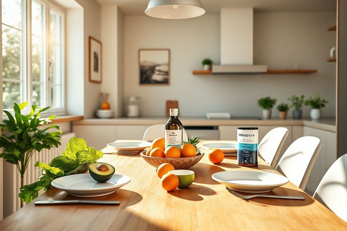 A photorealistic decorative image features a serene and inviting kitchen setting, bathed in warm, natural light streaming through a large window. In the foreground, a beautifully arranged wooden dining table is set with white plates, elegant cutlery, and vibrant fruits, such as ripe avocados, bright oranges, and lush green leafy vegetables, symbolizing healthy eating. Surrounding the table are stylish, minimalist chairs that add to the modern aesthetic of the space. On the countertop, a sleek bottle of Wegovy stands alongside a small stack of health-related books, hinting at weight management and wellness. The walls are adorned with subtle, calming artwork depicting nature scenes, while fresh herbs in elegant pots sit on the windowsill, enhancing the overall ambiance of health and vitality. The soft color palette of greens, whites, and earthy tones creates a harmonious and tranquil atmosphere, inviting viewers to envision a lifestyle focused on well-being and mindful eating.