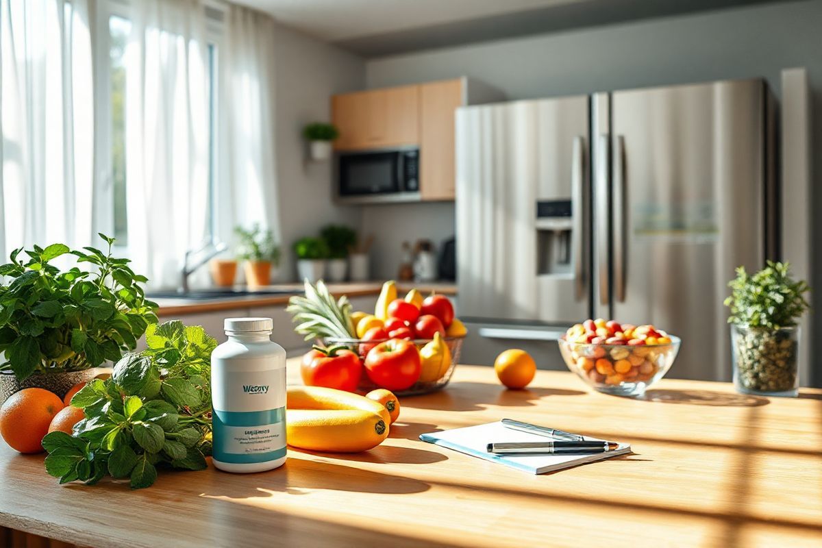 A photorealistic image depicts a serene and inviting kitchen space, bathed in natural light streaming through large windows adorned with sheer white curtains. In the foreground, a stylish wooden dining table is set with a vibrant array of fresh fruits and vegetables, symbolizing healthy eating and wellness. A sleek bottle of Wegovy sits discreetly beside a notepad and pen, suggesting careful planning and consideration of weight management. The background showcases modern appliances, including a gleaming refrigerator filled with nutritious foods. Green potted herbs, like basil and mint, add a touch of freshness to the scene, while a decorative bowl filled with colorful snacks emphasizes balance and moderation. Gentle shadows play across the countertop, creating a warm and inviting atmosphere that conveys a sense of hope and empowerment in one’s weight loss journey. The overall composition evokes a feeling of tranquility, encouraging viewers to prioritize their health and make informed choices.