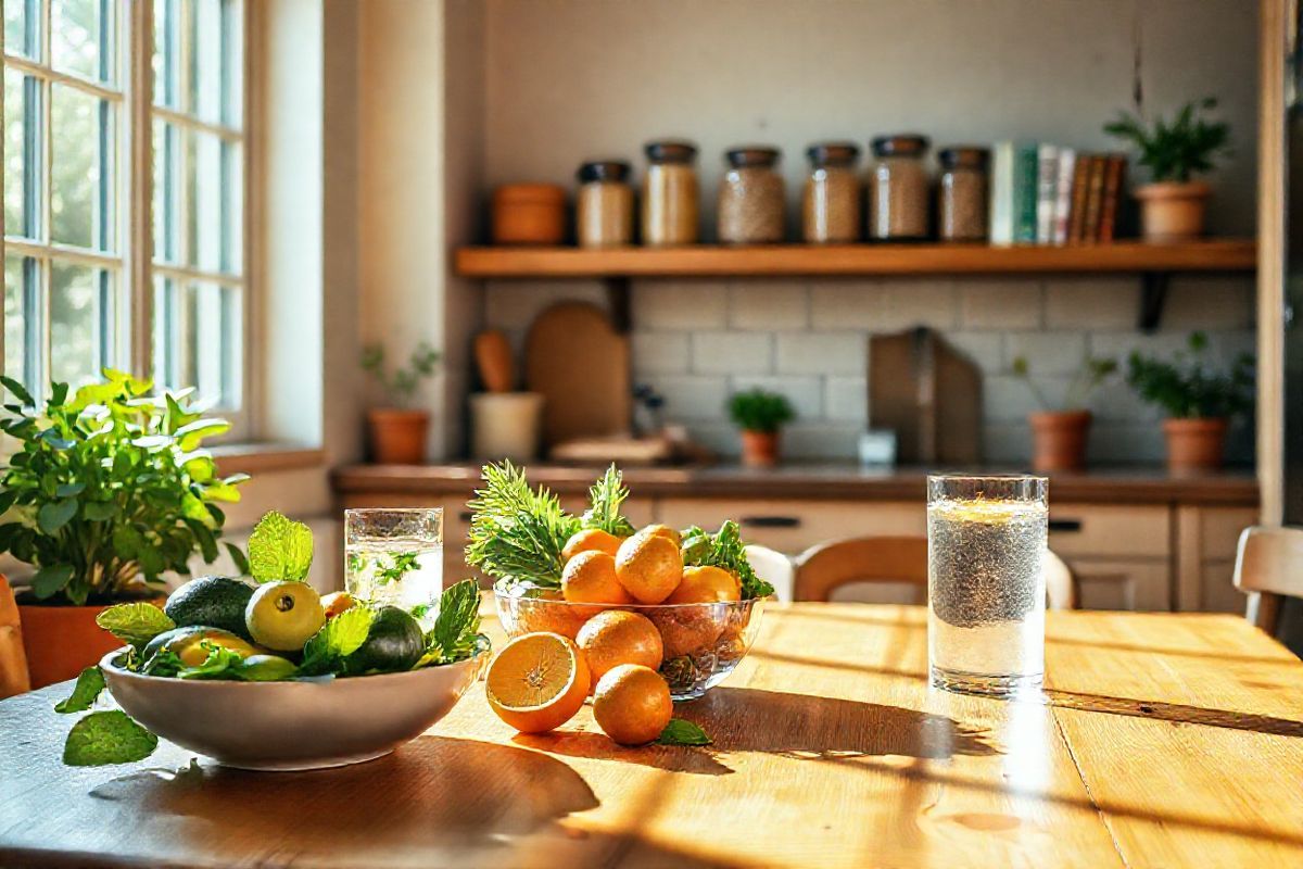 A serene and photorealistic scene unfolds within a cozy kitchen, bathed in warm, natural light streaming through a large window. The focal point is a beautifully arranged wooden dining table, adorned with a vibrant spread of fresh fruits and vegetables, symbolizing healthy eating habits. A bowl of ripe avocados, bright oranges, and leafy greens sits at the center, while a delicate glass of infused water with lemon and mint sparkles nearby. In the background, a rustic wooden shelf displays jars filled with whole grains and nuts, showcasing wholesome choices. Soft green plants in terracotta pots add a touch of nature, enhancing the calming atmosphere. The kitchen’s warm, earthy tones are complemented by light-colored cabinetry and natural wood accents, creating an inviting space. A hint of culinary tools and cookbooks can be seen, suggesting a nurturing environment for cooking and mindful eating. The overall composition evokes a sense of tranquility and wellness, perfectly reflecting the theme of managing stress and promoting healthy lifestyle choices.