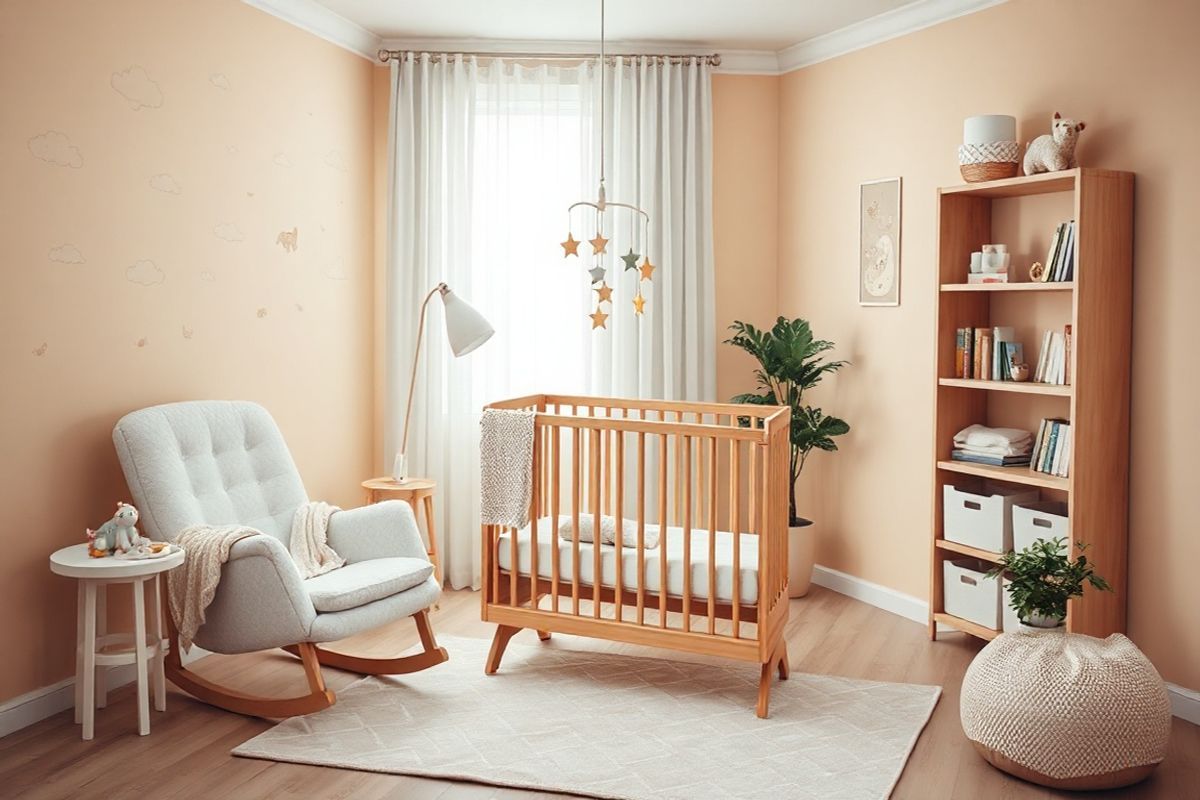 The image depicts a serene, softly lit scene of a cozy, inviting nursery designed for a baby. The walls are painted in a warm pastel hue, adorned with delicate illustrations of nature, such as gentle clouds and playful animals. A plush, white rocking chair sits in the corner, draped with a knitted blanket, inviting moments of bonding and quiet reflection.   In the center of the room, a beautifully crafted crib made of natural wood features a mobile of whimsical stars and moons gently swaying above. A soft, patterned rug lies beneath the crib, adding warmth to the space. A changing table with neatly arranged baby essentials, such as soft diapers, gentle lotions, and plush toys, complements the cozy atmosphere.  Soft, diffused light filters through sheer curtains, casting a calming glow throughout the room. In the background, a bookshelf filled with children’s books adds a touch of whimsy, while a potted plant in the corner brings a hint of nature indoors. The overall ambiance exudes tranquility, warmth, and a sense of nurturing, making it an ideal refuge for both mother and child.