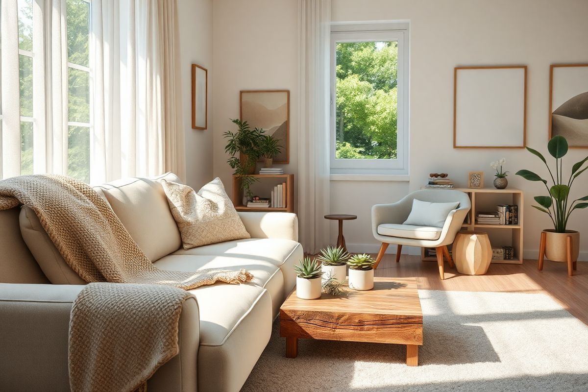 The image features a serene and inviting scene set in a softly lit, modern living room adorned with natural elements. In the foreground, a plush, cream-colored sofa is elegantly draped with a textured throw blanket in gentle earth tones. A low wooden coffee table, made from reclaimed wood, displays a collection of delicate succulents in minimalist pots, their vibrant greens contrasting beautifully with the warm hues of the furniture.   Natural light streams through large, sheer curtains, casting a gentle glow across the space, highlighting a cozy reading nook in the corner with a stylish armchair and a small bookshelf filled with various mental health and wellness books. On the walls, there are subtle abstract paintings that evoke a sense of tranquility and balance.   The atmosphere is calm and inviting, suggesting a peaceful retreat for reflection and self-care. A hint of a blooming flower arrangement on the table adds a pop of color, while an open window reveals a glimpse of lush greenery outside, symbolizing growth and renewal. This harmonious setting embodies the essence of nurturing mental well-being, making it an ideal backdrop for discussing the importance of mental health during pregnancy.