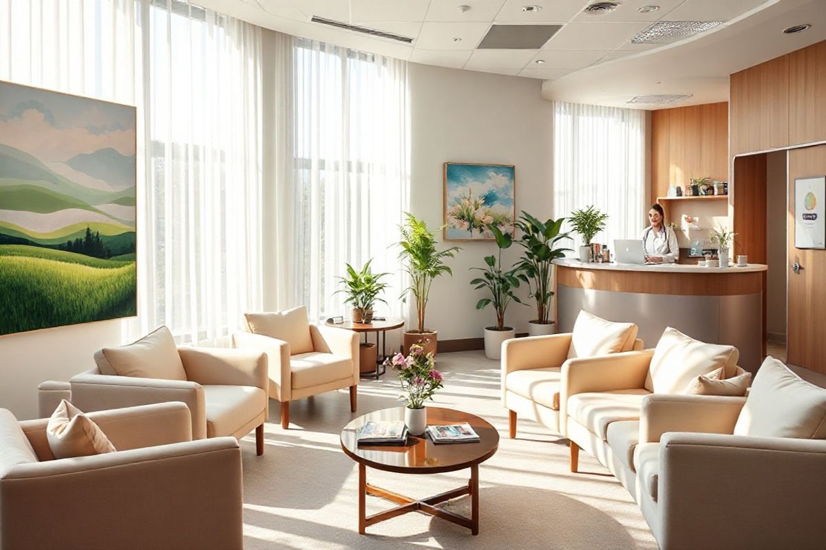 A photorealistic image of a serene and inviting medical office waiting room designed for cancer patients. The room is bathed in warm, natural light streaming through large windows adorned with sheer white curtains. In the foreground, comfortable, plush seating in soft pastel colors invites patients to relax. A coffee table sits at the center, decorated with health magazines and a small vase of fresh flowers, adding a touch of warmth and comfort.   On the walls, calming artwork depicting abstract nature scenes—lush green landscapes and soft blue skies—encourages tranquility. A corner features a small refreshment station with a selection of herbal teas and healthy snacks, promoting wellness. Near the windows, potted plants bring a touch of greenery, enhancing the soothing atmosphere.   In the background, a friendly receptionist’s desk is visible, with a professional yet welcoming demeanor, creating a sense of support and care. The entire scene conveys an environment of hope, healing, and community, perfectly aligned with the themes of cancer follow-up care and the importance of screening, inviting patients to feel at ease as they navigate their healthcare journey.