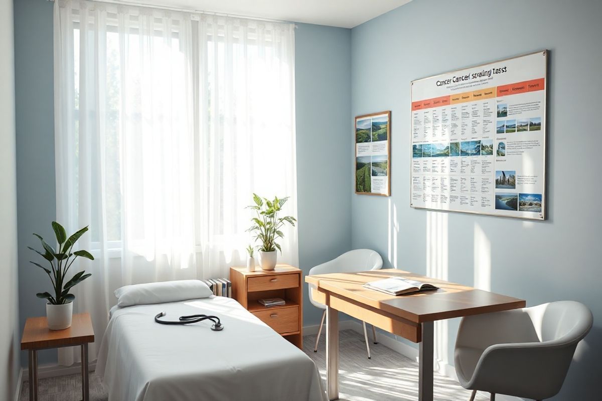 A serene and inviting medical examination room bathed in soft, natural light. The room features a large window with sheer white curtains that gently filter sunlight, illuminating the space with a warm glow. On one side, a modern examination table dressed in crisp white linens invites comfort. Adjacent to it, a sleek wooden desk is adorned with a potted plant, a stethoscope, and an open patient file, suggesting an active engagement in healthcare. The walls are painted in a calming, pale blue hue, complemented by framed photographs of nature, such as lush green landscapes and tranquil water scenes, promoting a sense of peace and healing. A wall-mounted chart displays various cancer screening tests, serving as a subtle reminder of health awareness without any text. The overall ambiance exudes professionalism and compassion, creating a supportive environment for follow-up care. A small seating area with comfortable chairs invites patients to feel at ease while waiting, emphasizing the importance of communication and holistic care in the journey of cancer recovery.