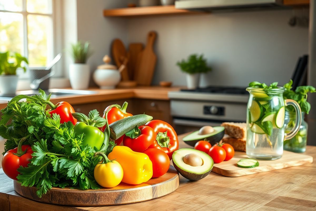 A photorealistic decorative image features a serene kitchen setting bathed in warm, natural light streaming through a window. On a rustic wooden table, a colorful array of fresh vegetables is artfully arranged, including vibrant bell peppers, ripe tomatoes, and leafy greens, symbolizing healthy dietary choices for managing GERD. In the background, a cutting board holds sliced avocado and whole-grain bread, representing nutritious meal options. A glass pitcher filled with infused water, garnished with slices of cucumber and lemon, sits nearby, promoting hydration without acidity. The kitchen is adorned with potted herbs like basil and parsley, adding a touch of greenery and freshness. The scene conveys a sense of calm and health, with a neatly organized countertop and a few cooking utensils subtly placed, suggesting a space that encourages mindful cooking and eating. The overall ambiance is inviting, warm, and vibrant, reflecting a lifestyle focused on wellness and dietary modifications, providing a perfect visual complement to discussions about effective management strategies for GERD.