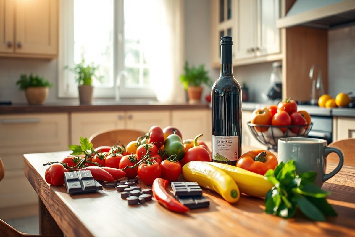 A photorealistic image depicting a serene kitchen setting bathed in soft, warm light. The focal point is a wooden dining table adorned with an array of fresh, colorful ingredients that are known to trigger heartburn, such as ripe tomatoes, spicy peppers, rich chocolate, and a bottle of red wine. In the background, a vibrant bowl of fresh fruits sits next to a steaming cup of coffee, subtly hinting at dietary factors that can exacerbate heartburn symptoms. The kitchen features light-colored cabinets, a bowl of fresh herbs, and a window with sheer curtains allowing natural light to filter through, creating a welcoming atmosphere. The scene conveys a balance of aesthetics and information, inviting viewers to reflect on the relationship between food and heartburn triggers. The overall composition is harmonious, with carefully arranged elements that draw the eye, encouraging contemplation of healthy eating habits and lifestyle choices in relation to heartburn management.