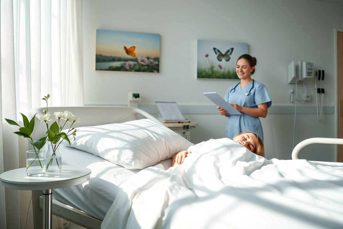 A serene post-surgery recovery scene unfolds in a softly lit hospital room. In the foreground, a comfortable hospital bed is adorned with crisp white linens, and a fluffy pillow supports a patient resting peacefully. A small bedside table holds a glass of water and a delicate vase with fresh flowers, symbolizing healing and rejuvenation. Natural light filters through sheer curtains, casting gentle shadows that enhance the calm atmosphere. On the wall, a tranquil landscape painting of a butterfly fluttering over blooming flowers adds a touch of nature and hope. In the background, a caring nurse checks the patient’s surgical site, wearing a warm smile, and a medical chart rests nearby, indicating attentive monitoring. Subtle medical equipment is present but unobtrusive, emphasizing the focus on recovery. The overall color palette is soft and soothing, featuring pastel blues and greens, which evoke feelings of peace and comfort, making this image a perfect representation of the healing process after thyroid surgery.