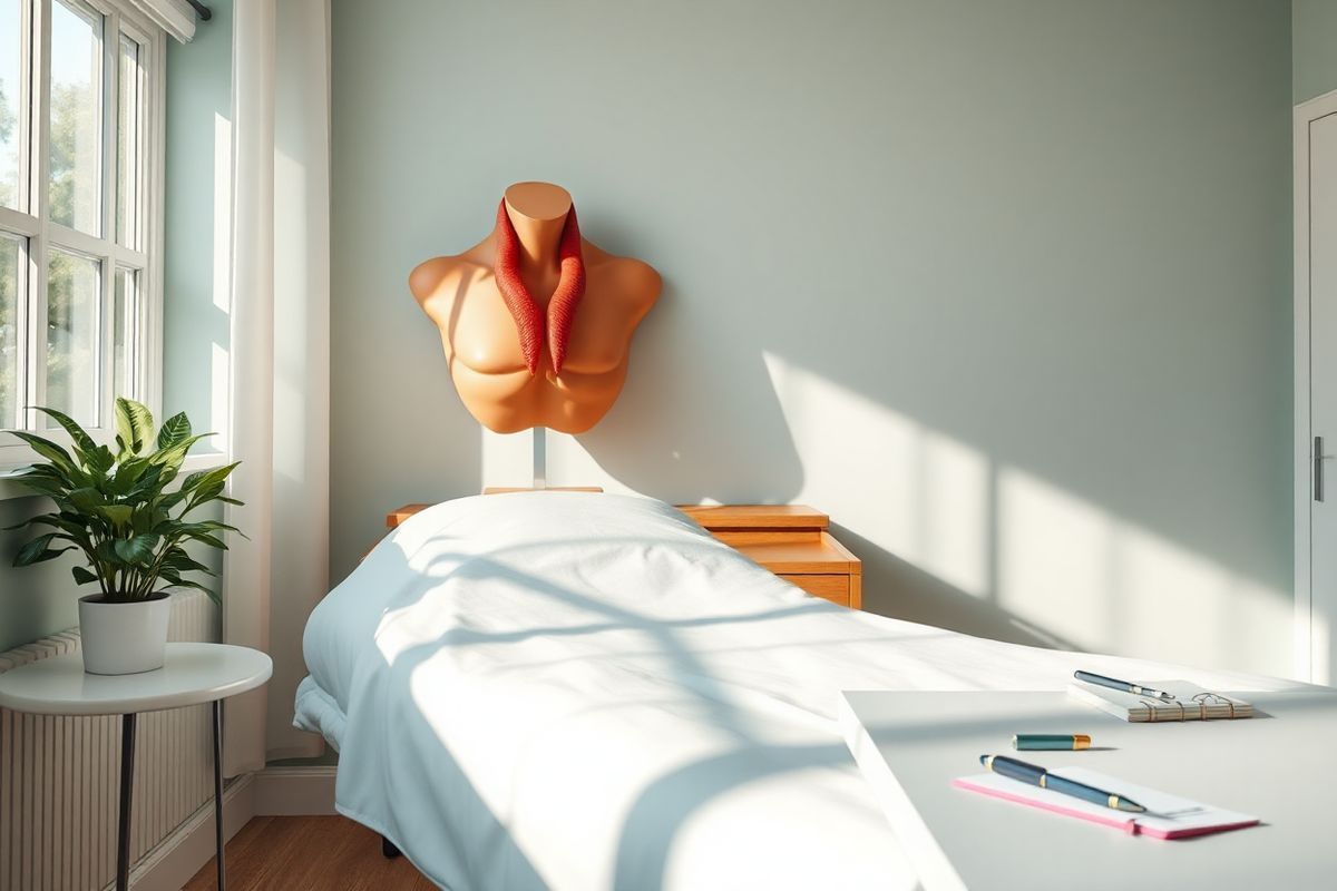 A photorealistic image of a serene, softly lit doctor’s office, featuring a well-organized examination room with a comfortable patient bed draped in crisp, white linens. In the background, a large anatomical model of the human thyroid gland is prominently displayed on a polished wooden shelf, illustrating its butterfly shape. The walls are adorned with calming pastel colors, and natural light filters through a window, casting gentle shadows across the room. A small potted plant adds a touch of greenery to the space, enhancing the sense of tranquility. On a nearby counter, neatly arranged medical instruments and a notebook with a pen are visible, suggesting preparation for patient consultations. The overall atmosphere conveys a sense of professionalism and care, reflecting the importance of preoperative considerations and postoperative recovery in thyroid surgery.