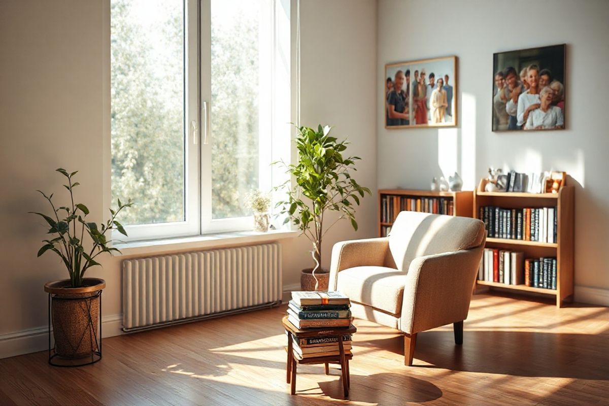 A serene and inviting scene unfolds in a softly lit room, designed for comfort and support. In the foreground, a cozy armchair upholstered in gentle, earthy tones faces a large window, allowing natural light to filter in, casting warm shadows on the wooden floor. A small table beside the chair holds a steaming cup of herbal tea and a stack of inspirational books, symbolizing comfort and reflection.   In the background, a lush indoor plant adds a touch of life and tranquility, while a few framed photographs of diverse groups of people engaging in support activities adorn the walls, showcasing connections and shared experiences. A small bookshelf filled with resources on cancer support and wellness is situated nearby, emphasizing the importance of knowledge and community.   The overall ambiance is calming and nurturing, designed to evoke feelings of safety and hope, inviting viewers to imagine a space where individuals gather to share their journeys, find solace, and build supportive relationships as they navigate their cancer experiences together.