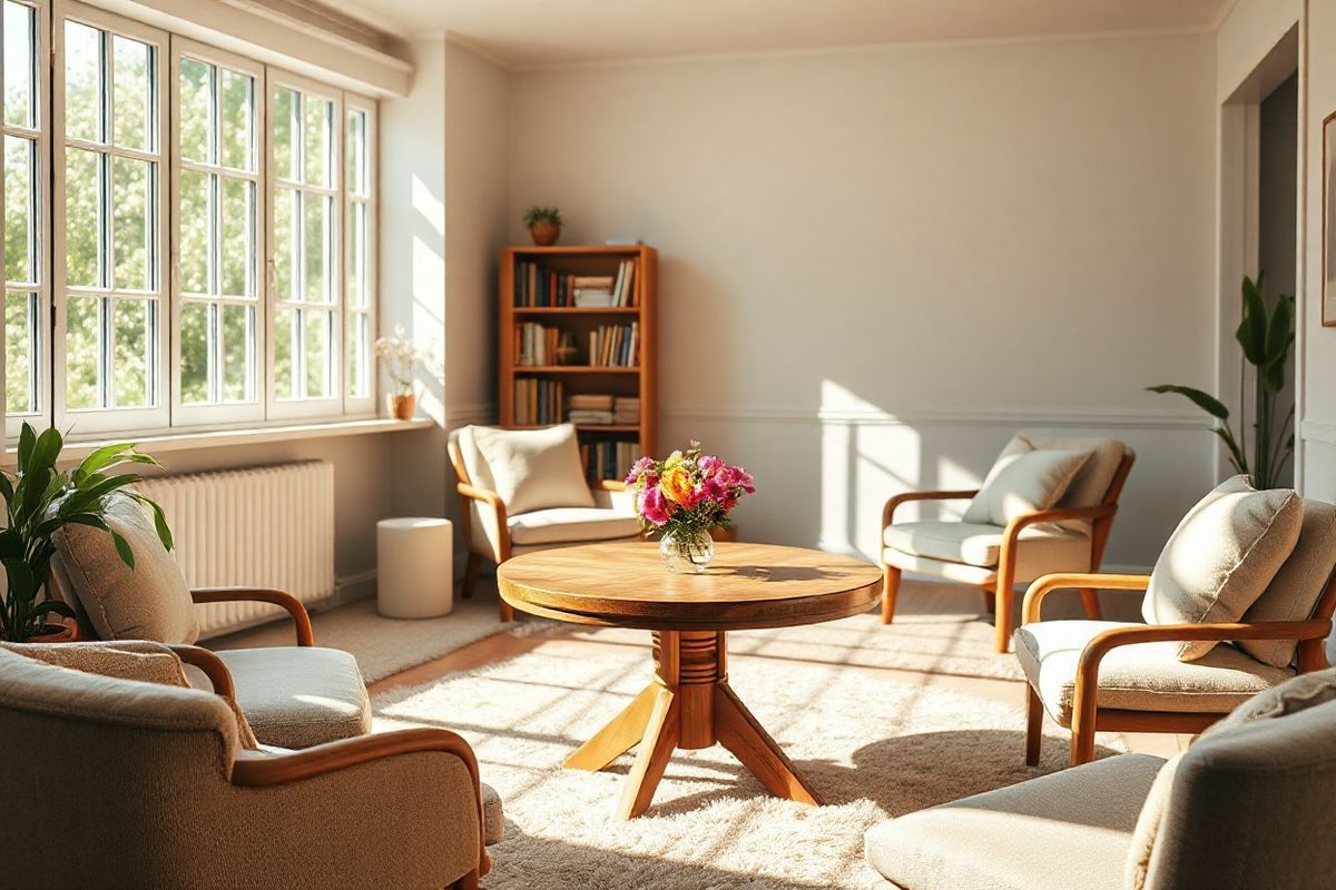 A serene, photorealistic image depicting a cozy, sunlit room filled with warmth and comfort. In the foreground, a circular wooden table is adorned with a small vase of fresh, vibrant flowers, providing a touch of life and color. Surrounding the table, several comfortable chairs with soft cushions invite conversation and connection. In the background, large windows allow natural light to flood the space, illuminating the gentle textures of the room—plush rugs, warm wooden accents, and calming pastel walls. A small bookshelf filled with well-worn books suggests a nurturing environment for sharing stories and experiences. The atmosphere is tranquil, with soft shadows dancing on the walls, embodying a safe haven for emotional support. A hint of greenery peeks through the windows, symbolizing hope and growth. This inviting scene captures the essence of community and healing, making it an ideal visual representation for cancer support groups, where individuals come together to share their journeys and find solace in one another’s company.