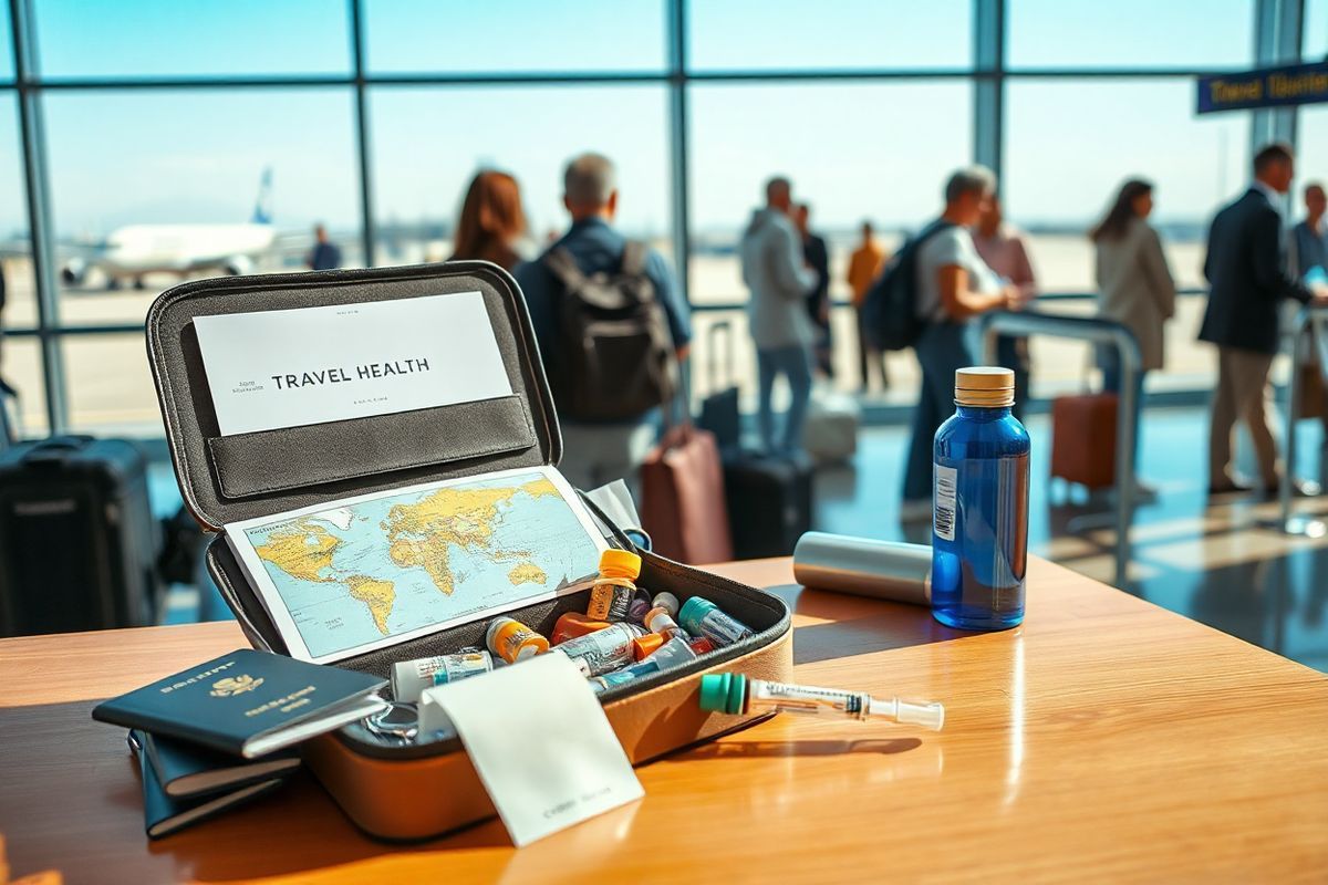 A serene and inviting travel scene unfolds in a well-organized airport terminal. The foreground features a stylish, open travel health kit, showcasing a neatly arranged assortment of medications, including a distinct Wegovy injection pen in its original packaging, labeled clearly. The kit is nestled on a polished wooden counter surrounded by travel essentials like a passport, a map of an international destination, and a reusable water bottle. In the background, a diverse group of travelers can be seen, some checking in at the airline desk, while others are engaged in conversation, exuding a sense of excitement and anticipation for their journeys. Large glass windows reveal a bright, sunny day outside, with airplanes on the tarmac and a clear blue sky, adding to the atmosphere of adventure. The overall color palette features warm tones, with soft lighting enhancing the welcoming ambiance, inviting viewers to imagine their own travel plans while emphasizing the importance of being prepared and informed about carrying medications like Wegovy during international travel.