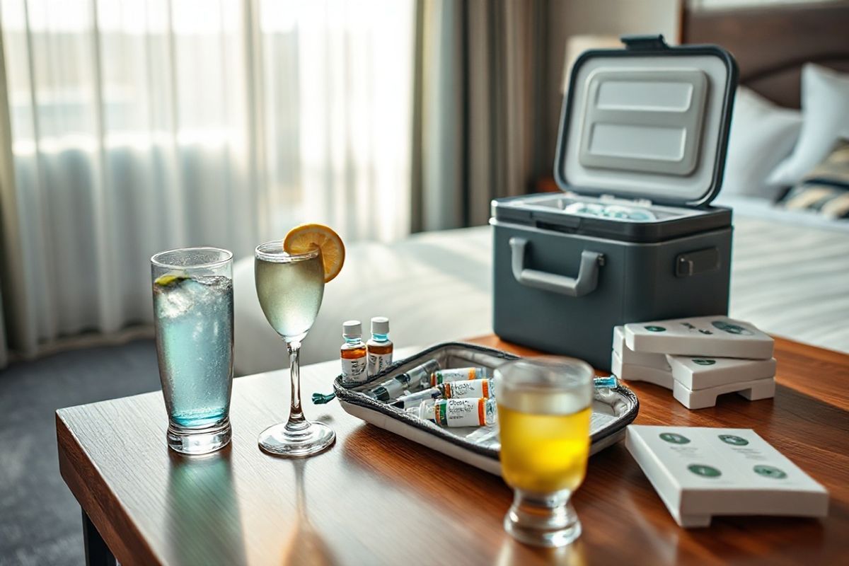 A photorealistic image depicts a serene travel scene featuring a neatly organized travel health kit on a wooden table. The kit is open, revealing vials of Wegovy alongside a syringe, all elegantly arranged within a soft, insulated pouch. Nearby, a cool, refreshing drink sits in a stylish glass, with a slice of lemon resting on the rim, suggesting relaxation and self-care. In the background, a soft-focus view of a cozy hotel room is visible, with sunlight streaming through sheer curtains, casting a warm glow. The room features a neatly made bed and a small suitcase partially open, hinting at the journey ahead. On the table, a travel-sized cooler with ice packs is subtly positioned, emphasizing the importance of medication storage. The overall color palette is soothing, with soft blues, greens, and warm wood tones, creating an inviting atmosphere that captures the essence of preparing for a healthy and enjoyable travel experience.