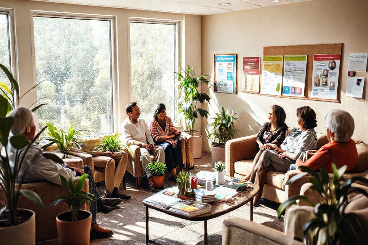 A photorealistic image depicting a cozy, inviting community health center waiting area, filled with soft natural light streaming through large windows. The space features comfortable seating arranged in small clusters, with vibrant potted plants adding a touch of life. In one corner, a group of diverse individuals—men and women of different ages and ethnic backgrounds—are engaged in a lively conversation, sharing smiles and laughter. Nearby, a bulletin board showcases colorful flyers promoting diabetes support groups and community health initiatives. On a coffee table, a selection of health brochures and educational materials is neatly arranged, inviting visitors to explore resources. The warm color palette of the room, combined with soft textures and welcoming décor, creates an atmosphere of support and camaraderie, emphasizing the importance of community connections in managing diabetes.