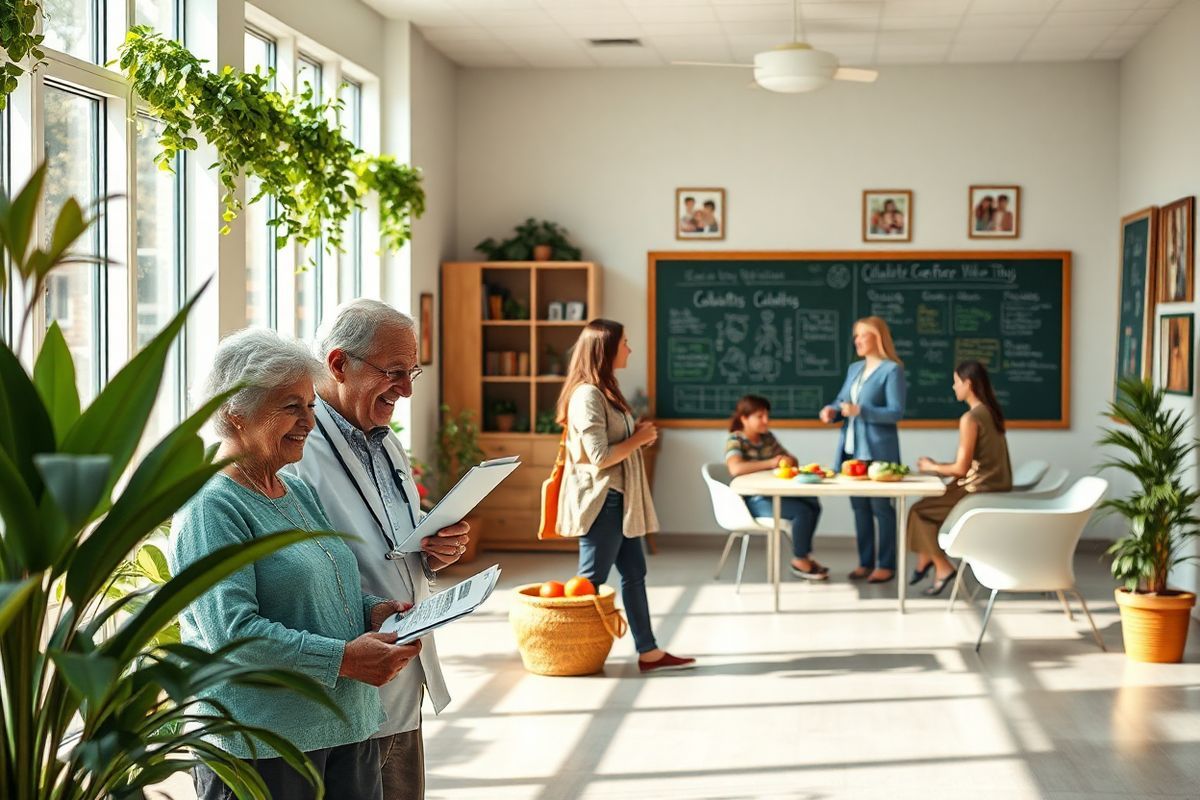 A photorealistic image depicts a serene, inviting community health center setting. The foreground features a welcoming reception area with soft, natural lighting streaming through large windows adorned with green plants. A diverse group of individuals, including an elderly woman with a warm smile, a middle-aged man reading a brochure, and a young woman conversing with a healthcare professional, create a sense of community and support.   In the background, an educational workshop is taking place, with a nutritionist presenting to a small group gathered around a table filled with healthy food options, like colorful fruits and vegetables. A chalkboard displays diagrams of balanced meals and exercise tips.   The walls are decorated with framed images of happy families and community events, reinforcing the sense of connection and well-being. The overall atmosphere is vibrant and uplifting, conveying hope and empowerment for individuals managing diabetes. This visual representation encapsulates the essence of support, education, and community health resources available to those on their journey to better health.