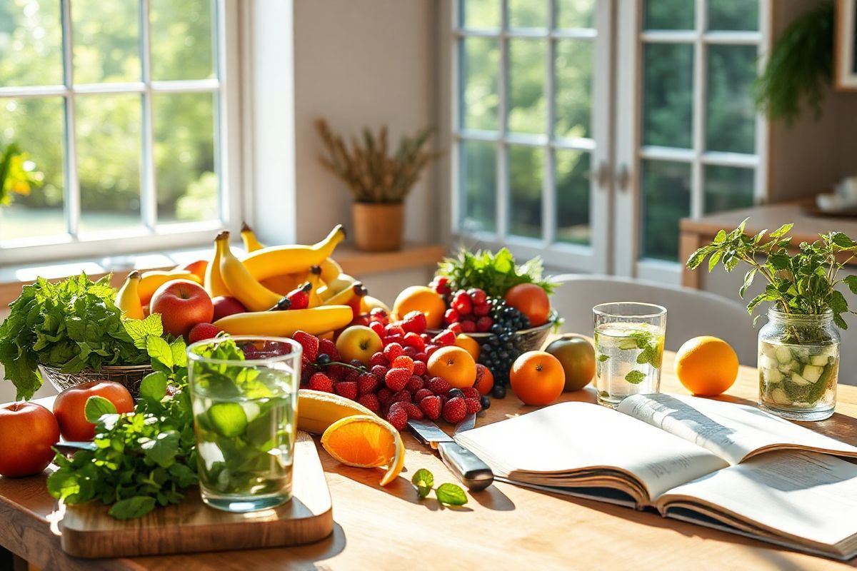 A photorealistic image of a serene kitchen setting bathed in soft, natural light. The focal point is a beautifully arranged wooden table adorned with an array of colorful, fresh fruits, such as vibrant apples, ripe bananas, plump berries, and juicy oranges, symbolizing a healthy lifestyle. In the background, a large window reveals a lush garden, allowing sunlight to filter through, enhancing the warm ambiance of the space. Nearby, a cutting board with a knife sits beside a bowl of leafy greens and a glass of water infused with cucumber and mint, promoting hydration and wellness. On one side, a cookbook lies open, displaying a healthy recipe, while a potted herb plant, such as basil or rosemary, adds a touch of greenery. The overall composition conveys a sense of calm and inspiration, representing the importance of nutrition and mindful eating in managing diabetes, inviting viewers to envision a lifestyle centered around health and wellness.