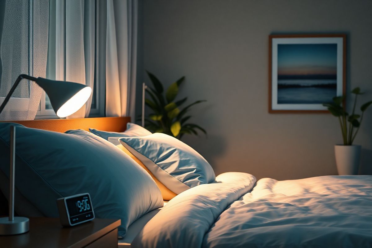 A serene nighttime bedroom scene, softly illuminated by the gentle glow of a bedside lamp. The focal point is a cozy, neatly made bed with plush pillows in calming shades of blue and white, inviting rest. On the bedside table, a small digital clock displays a peaceful hour, while a glass of water sits beside it, symbolizing health and hydration. The window is slightly ajar, allowing a delicate breeze to flutter sheer curtains, suggesting a tranquil atmosphere. In the background, a lush potted plant adds a touch of nature, its leaves reflecting the soft light. A framed photograph of a peaceful landscape, perhaps a calm lake at dawn, rests on the wall, evoking feelings of serenity and relaxation. The overall color palette is soothing, with soft pastels and warm tones, enhancing the sense of comfort. This image encapsulates a peaceful sleeping environment, emphasizing the importance of restful sleep for overall well-being, particularly for those experiencing the nighttime symptoms of atrial fibrillation.