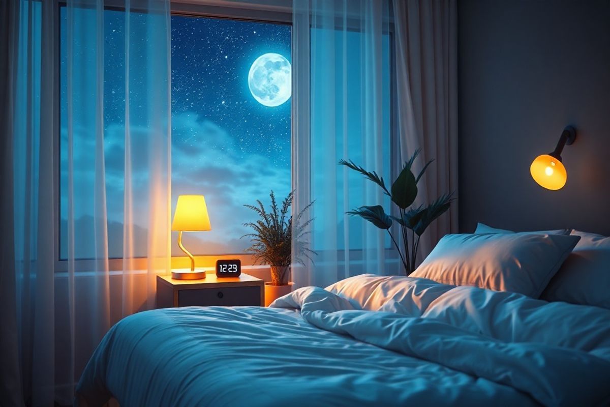 A serene nighttime scene depicting a cozy bedroom bathed in soft, warm light. The room features a neatly made bed with plush pillows and a light, breathable blanket, inviting relaxation. A bedside table holds a small, glowing lamp casting a gentle illumination, while a digital clock subtly displays the time. In the background, a large window reveals a tranquil view of a starlit sky, with moonlight filtering through sheer curtains, creating a calm ambiance. A potted plant sits in the corner, adding a touch of nature and freshness to the space. The overall color palette consists of soothing blues and soft whites, enhancing the peaceful atmosphere. This inviting environment reflects the importance of restful sleep, symbolizing the connection between a restful night and heart health, suitable for a discussion on atrial fibrillation and sleep quality.