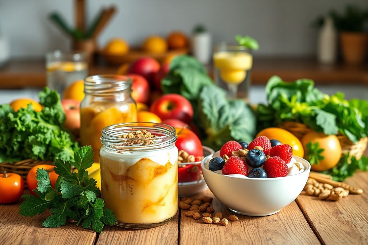 A photorealistic image of a vibrant, rustic wooden table laden with an array of colorful, fresh produce. On one side, a bowl of creamy yogurt topped with a sprinkle of granola and fresh berries sits invitingly. Beside it, a jar of homemade sauerkraut glistens under soft, natural light. A variety of whole fruits, such as apples, bananas, and oranges, are artistically arranged, showcasing their vivid colors and textures. Leafy greens, like kale and spinach, peek out from a woven basket, while a small dish of nuts and seeds adds a touch of earthy tones to the scene. In the background, a glass of refreshing water with lemon slices captures the eye. A few sprigs of herbs, such as parsley and basil, add a burst of green, harmonizing with the overall composition. The soft focus on the background, with hints of a cozy kitchen setting, enhances the warm, inviting atmosphere, emphasizing the theme of health and wellbeing associated with gut-friendly foods. The lighting is warm and natural, creating an inviting ambiance that draws viewers in and highlights the freshness and vibrancy of the ingredients.