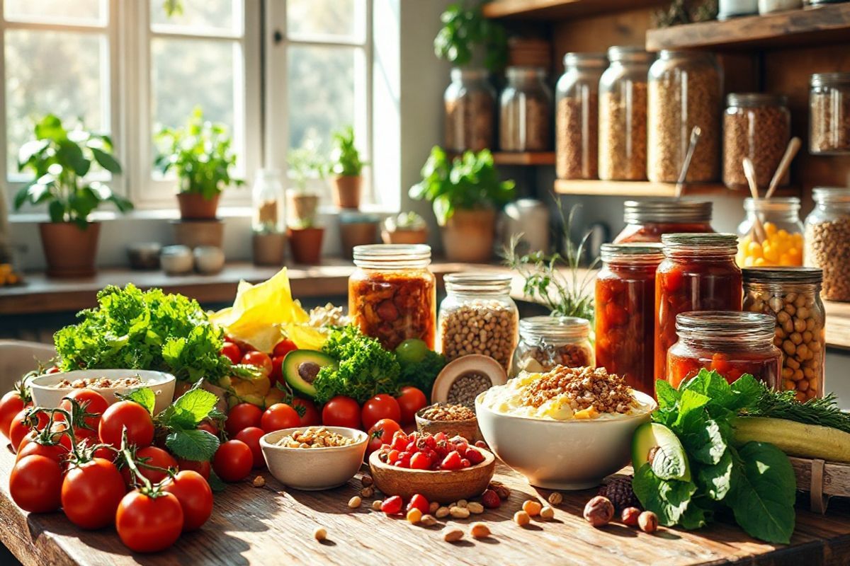 A photorealistic image depicting an inviting kitchen scene bathed in warm, natural light. In the foreground, a rustic wooden table is adorned with a colorful spread of fresh, vibrant fruits and vegetables—crimson tomatoes, leafy greens, ripe avocados, and a variety of berries. Nearby, bowls of yogurt topped with granola and honey sit next to jars of fermented foods like sauerkraut and kimchi, showcasing their vibrant colors and textures. A small ceramic dish contains an assortment of nuts and seeds, adding an earthy touch to the scene. In the background, shelves lined with glass jars filled with whole grains and legumes create a harmonious, homey atmosphere. Sunlight streams through a window, casting gentle shadows and highlighting the freshness of the ingredients, while potted herbs, like basil and rosemary, add a touch of greenery, symbolizing health and vitality. The overall composition conveys a sense of nourishment and wellness, perfectly encapsulating the essence of gut health and the importance of a balanced diet rich in probiotics and prebiotics.