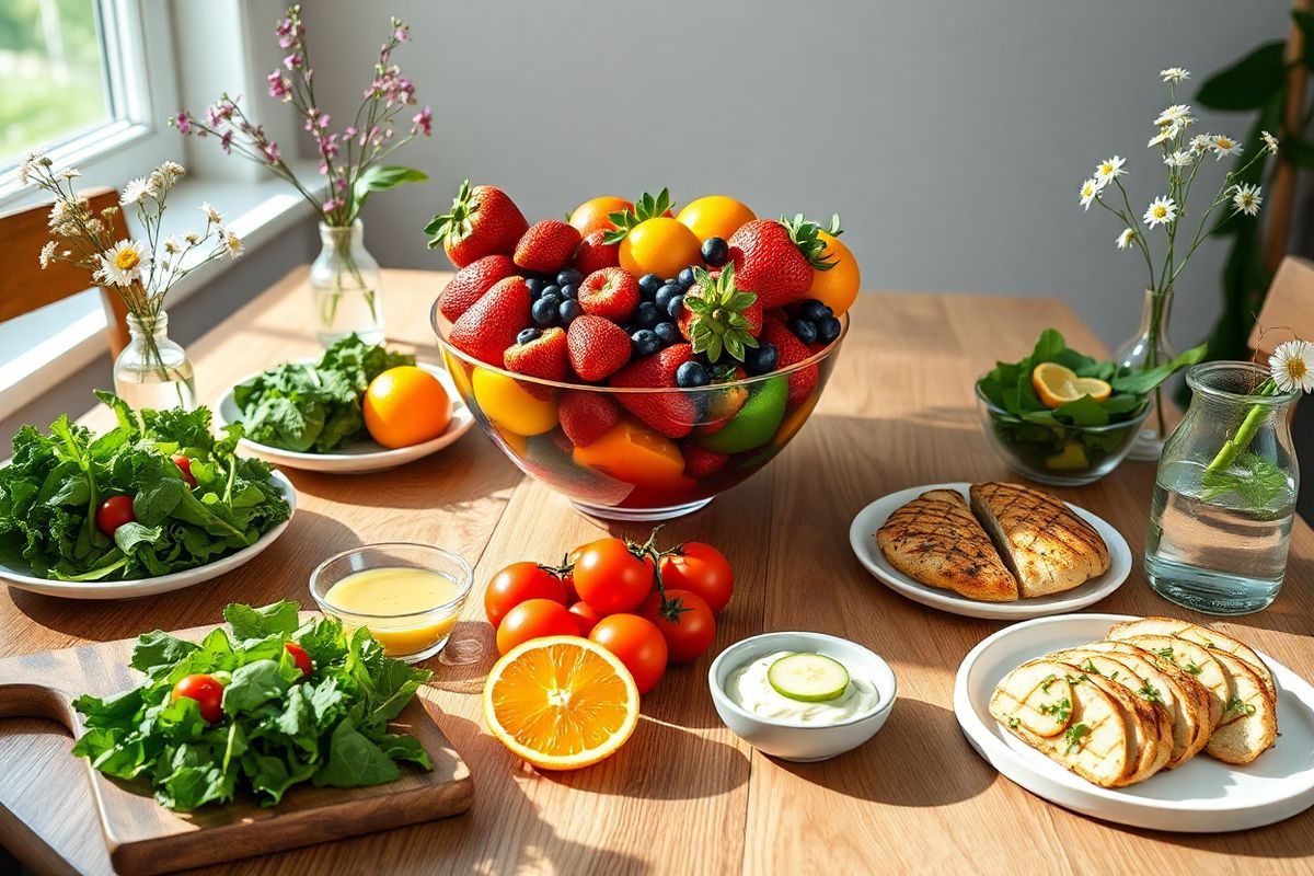 A beautifully arranged wooden dining table is filled with an array of vibrant, fresh foods that symbolize health and nourishment for cancer patients. In the center, a large, colorful bowl overflows with an assortment of ripe fruits—juicy strawberries, plump blueberries, and bright oranges—illuminating the scene with their vivid colors. Surrounding the bowl are small plates of leafy green salads, featuring kale, spinach, and cherry tomatoes, drizzled with a light olive oil dressing.   On one side of the table, a rustic wooden cutting board displays slices of whole-grain bread accompanied by a small dish of creamy avocado spread, while another section showcases grilled chicken breast garnished with fresh herbs. A pitcher of infused water with slices of lemon and cucumber rests nearby, adding a refreshing touch.   Soft, natural light filters through a nearby window, casting gentle shadows and highlighting the textures of the food. Delicate floral arrangements in small vases add a touch of elegance and warmth to the setting, creating an inviting atmosphere that emphasizes the importance of nourishing meals for recovery and well-being.