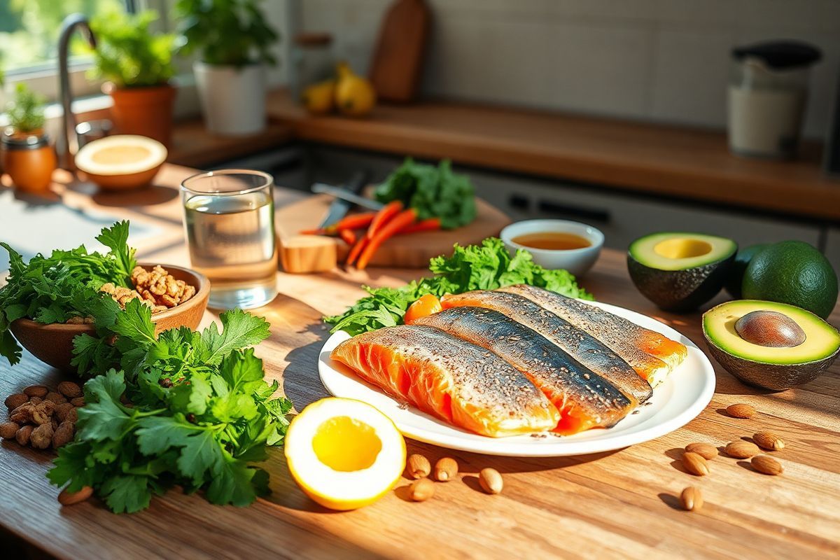 A photorealistic image captures a serene kitchen scene bathed in warm, natural light. The focal point is a rustic wooden table adorned with fresh, colorful ingredients that reflect the essence of a ketogenic diet. A beautiful array of fatty fish, such as salmon and mackerel, glistens on a clean white plate, surrounded by vibrant leafy greens like spinach and kale. Nearby, a bowl of mixed nuts and seeds sits invitingly, showcasing walnuts, almonds, and chia seeds, while an avocado is sliced open, revealing its creamy green interior.   In the background, a wooden cutting board displays chopped low-carbohydrate vegetables, including broccoli and bell peppers, their colors popping against the earthy tones of the kitchen. A glass of refreshing water with lemon slices rests beside a small bowl of olive oil, hinting at healthy fats. The atmosphere is cozy and inviting, with soft shadows playing across the countertop and a hint of greenery from potted herbs on the windowsill, suggesting a connection to nature and healthy living. This image embodies the essence of nutritious eating and the ketogenic lifestyle, perfect for inspiring those interested in epilepsy management through diet.