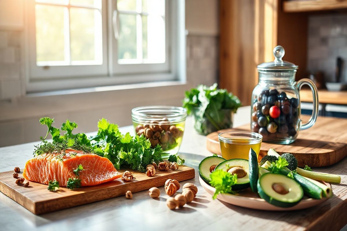 A serene kitchen setting bathed in warm, natural light streaming through a large window. The countertop features an array of fresh, vibrant ingredients that are commonly associated with a ketogenic diet: a fillet of rich, pink salmon garnished with herbs, a bowl of leafy greens like kale and spinach, and a scattering of walnuts. Nearby, a cutting board holds sliced avocados, their creamy texture contrasting with the bright green. An elegant glass jar filled with mixed berries sits beside a steaming cup of green tea, emphasizing the antioxidant-rich theme. In the background, a rustic wooden table is adorned with a simple, inviting plate of low-carbohydrate vegetables like broccoli and zucchini, along with a small dish of olive oil for drizzling. The overall composition exudes a sense of health, vitality, and culinary delight, showcasing the beauty of nutritious foods that support brain health and epilepsy management. The gentle colors, natural textures, and harmonious arrangement invite viewers to appreciate the essential role of nutrition in maintaining well-being.