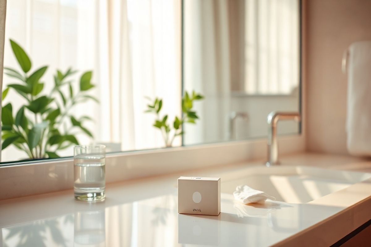 A photorealistic decorative image features a serene, softly lit bathroom setting. In the foreground, a sleek, modern countertop displays a small, elegant box of Opill, its minimalist design reflecting a sense of accessibility and simplicity. Beside the box, a delicate glass of water sits next to a feminine hygiene product, symbolizing self-care and empowerment. The background showcases a clean mirror with subtle reflections of lush green plants, adding a touch of nature and tranquility to the space. Warm, natural light filters through a window adorned with sheer curtains, creating an inviting atmosphere. The color palette consists of soft whites, earthy tones, and gentle pastels, evoking feelings of calmness and reassurance. This composition encapsulates the theme of personal wellness and the importance of accessible birth control, harmonizing with the content about Opill’s availability and affordability.