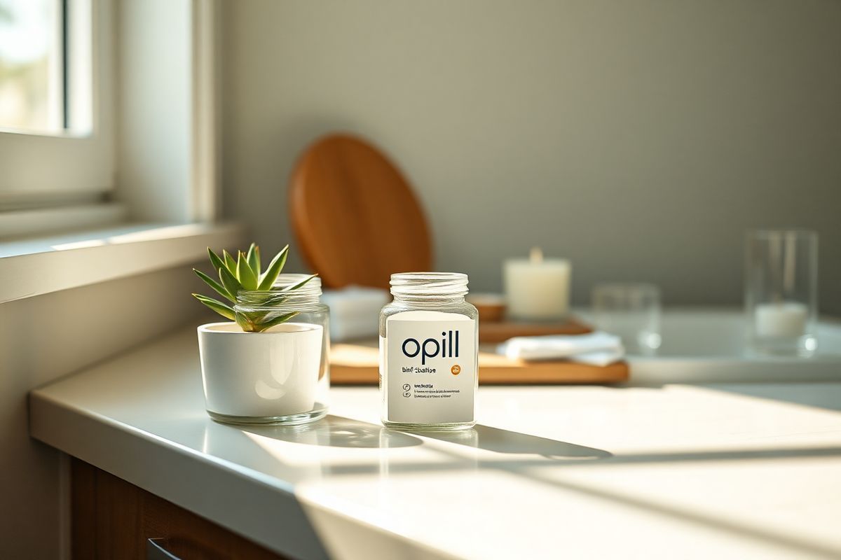 A photorealistic decorative image featuring a serene and inviting scene of a modern bathroom countertop. The countertop is adorned with a sleek, minimalistic design, showcasing a stylish glass jar filled with Opill packaging, prominently displayed next to a small potted succulent. There are soft, natural light rays filtering through a nearby window, casting gentle shadows and highlighting the smooth textures of the countertop. In the background, there is a soft-focus view of a neatly arranged selection of health and wellness items, including a delicate candle and a glass of water, evoking a sense of calm and self-care. The overall color palette is warm and earthy, with muted greens and soft whites, creating an atmosphere of accessibility and comfort, symbolizing the ease of obtaining birth control and promoting reproductive health.