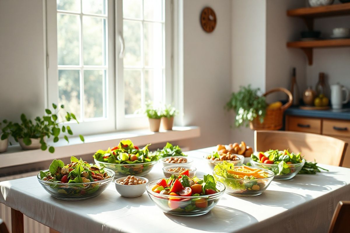 A serene and inviting kitchen setting bathed in soft, natural light streams through a large window, illuminating a cozy dining table. The table is elegantly set with a variety of colorful, healthy dishes—vibrant salads, grilled vegetables, and small bowls of nuts and fruits, all exuding freshness and vitality. Nearby, a woven basket filled with assorted fruits adds a touch of rustic charm. In the background, a gentle green plant on the windowsill symbolizes growth and renewal, while a light, airy atmosphere is enhanced by the presence of a peaceful indoor herb garden. The overall ambiance radiates warmth and tranquility, evoking a sense of well-being and balance, perfect for nurturing both body and mind. The combination of natural elements and wholesome food creates an inviting scene that emphasizes the importance of maintaining a balanced diet and a healthy lifestyle while managing chemotherapy fatigue.