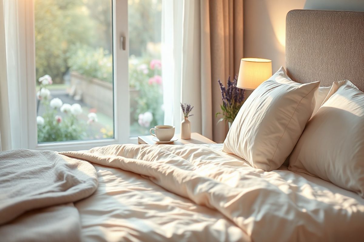 A serene, photorealistic image of a peaceful bedroom scene bathed in soft, warm light, exuding a sense of calm and comfort. In the foreground, a neatly made bed with fluffy white linens and a cozy, light gray throw draped over the foot. A plush pillow rests against a headboard adorned with subtle textures. Beside the bed, a small wooden nightstand holds a steaming cup of herbal tea and a small vase of fresh lavender, symbolizing relaxation and tranquility. The soft glow of a bedside lamp casts gentle shadows, enhancing the cozy atmosphere. In the background, a window reveals a picturesque view of a tranquil garden with blooming flowers and lush greenery, suggesting a connection to nature and rejuvenation. The overall color palette features soft pastels, creating a soothing ambiance, while the composition invites viewers to imagine a peaceful moment of rest and recovery, embodying the essence of comfort and respite from the overwhelming fatigue associated with chemotherapy.