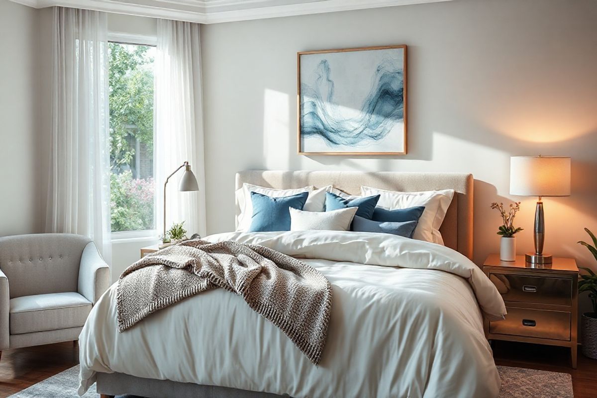 A serene and inviting bedroom scene designed for relaxation and restorative sleep. The focal point is a plush, king-sized bed adorned with soft, neutral-colored linens and an array of decorative pillows in calming shades of blue and white. A cozy, textured throw blanket drapes over the edge of the bed. On either side, stylish nightstands hold elegant lamps emitting a warm, soft glow, casting gentle shadows across the room.   A large window with sheer, flowing curtains allows natural light to filter in, illuminating the space with a soft, inviting ambiance. Outside, a tranquil garden is visible, featuring lush greenery and blooming flowers that enhance the sense of calm. The walls are painted in a soothing pastel hue, and a piece of abstract art hangs above the bed, adding a touch of sophistication without overwhelming the senses.   In the corner, a comfortable armchair with a small side table invites relaxation, while a few carefully placed plants add a touch of nature, promoting a peaceful atmosphere. The overall composition conveys a sense of tranquility and comfort, perfect for fostering a restful environment conducive to sleep and healing.